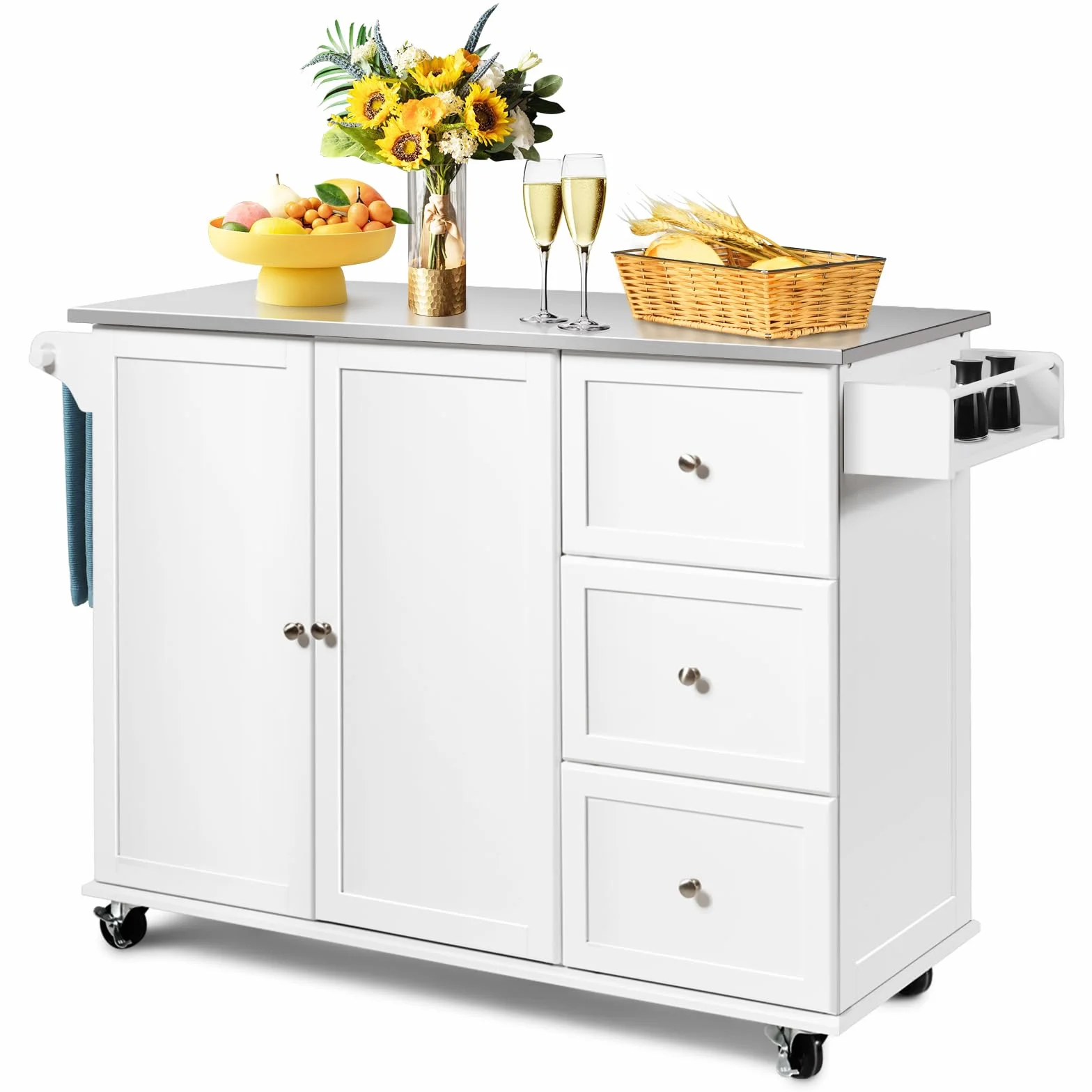 GIANTEX Carro de Cocina con 2 Puertas y 3 Cajones, Isla de Cocina con Ruedas y Tablero de Acero Inoxidable, Asa Lateral y Especiero, 135x45,5x91,5 cm, Mueble Auxiliar para Comedor (Blanco)