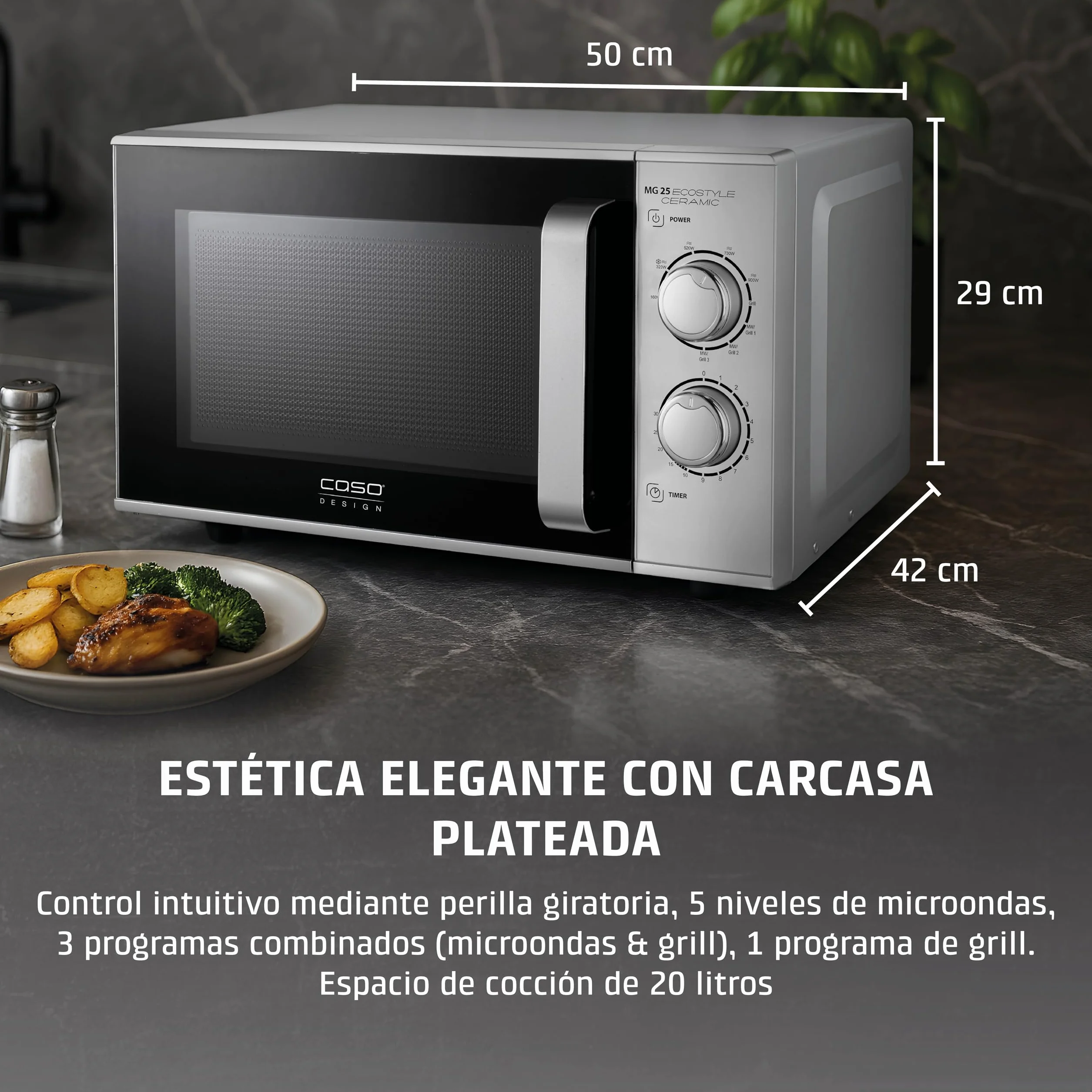 CASO MG 25 Ecosytle Ceramic - Microondas 2 en 1 sin plato giratorio con grill de 1000W - Capacidad de 25L - Temporizador hasta 30 mins - grande - plateado
