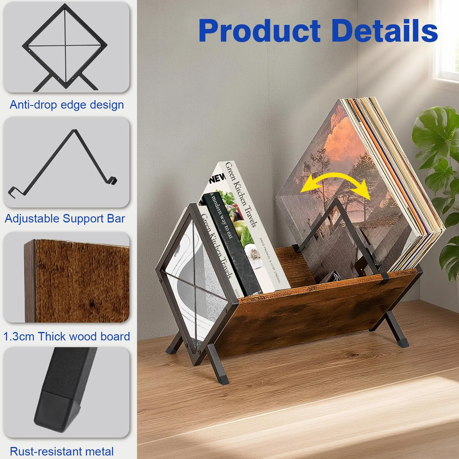 Estantería vinilos Soporte Vinilo 80-100 LPs Mueble Organizador Discos Madera Abrazadera Separadora Antideslizante