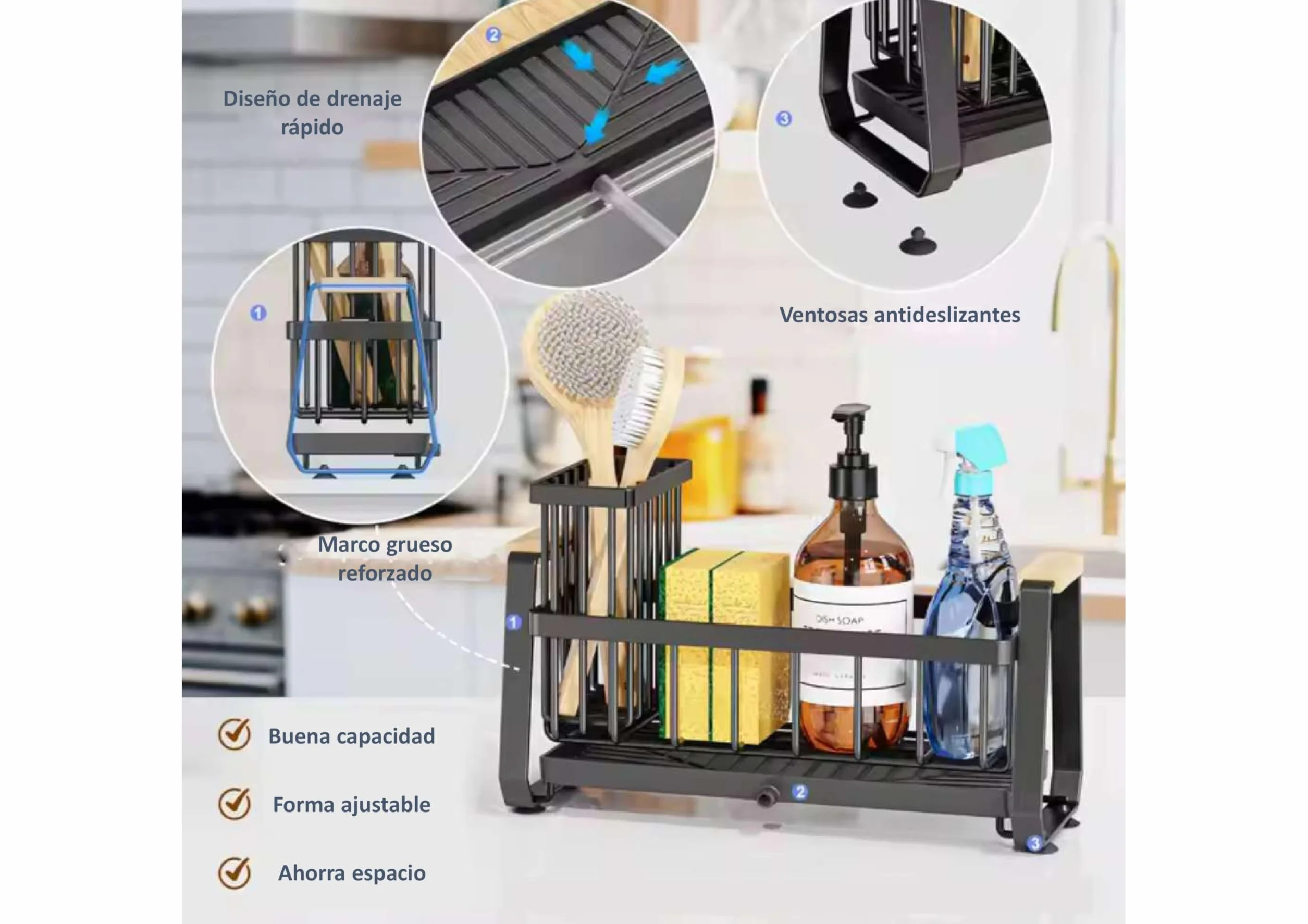Organizador de Cocina para Fregadero con Desagüe, Escurreplatos para Esponjas, Estropajo y Jabón con Bandeja Autodrenante, Organizador Negro para Esponjas, Accesorios de Cocina