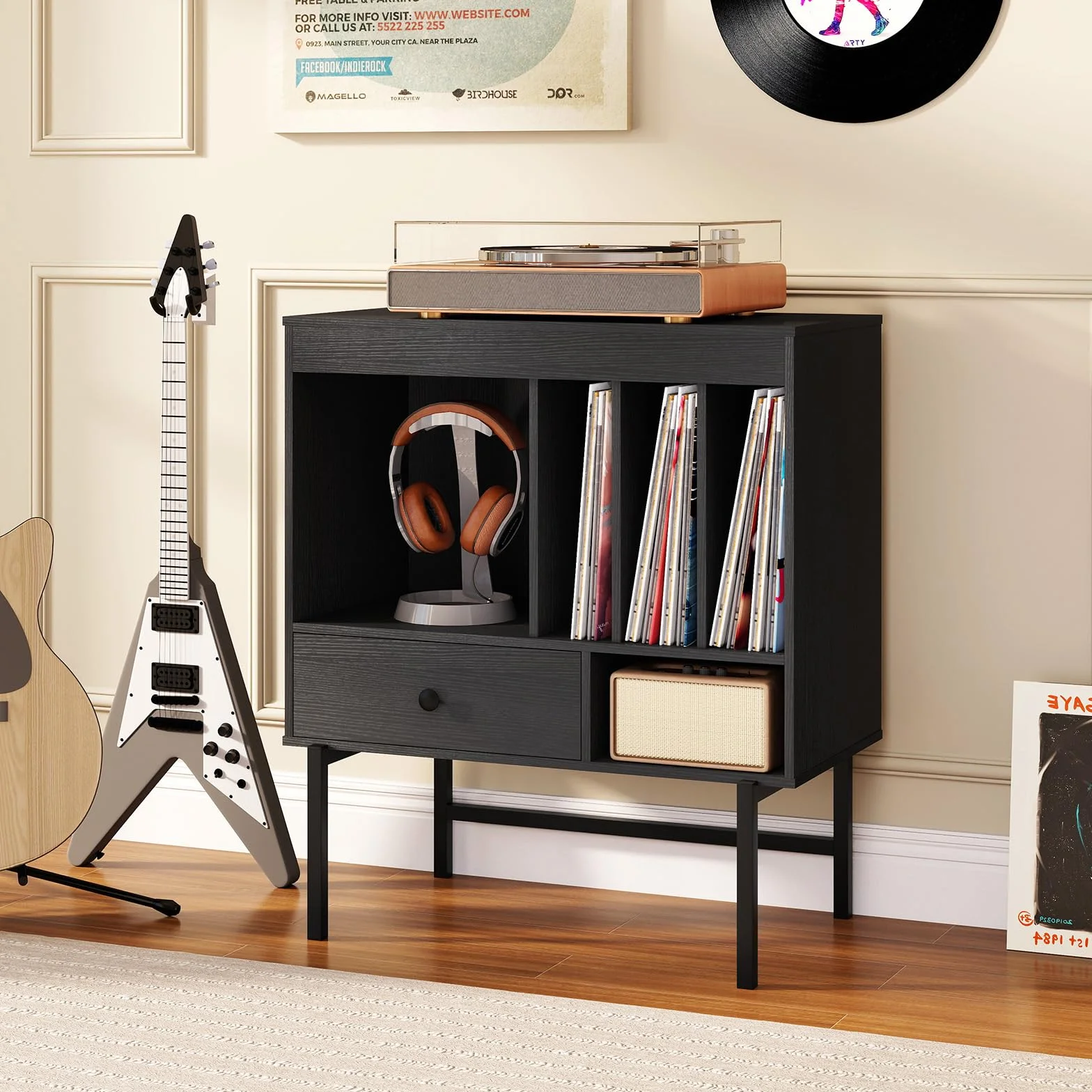 KOMFOTTEU Soporte para Tocadiscos, Mueble para Discos de Vinilo con Cajón y Compartimentos Abiertos, Negro