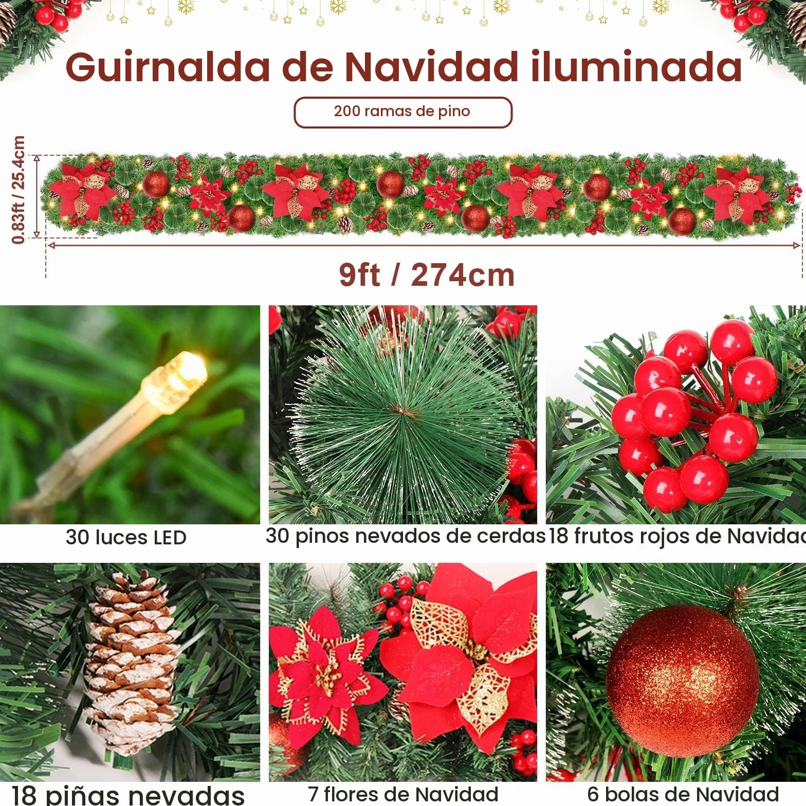 Guirnalda de Navidad, 2.7m Guirnalda Navideña con 50 LED Luces, Guirnalda de Navidad con 8 Modos de Iluminación, Guirnalda Navideña para Escaleras, Puerta, Arco, Hogar, Exterior, Decoración (Rojo)