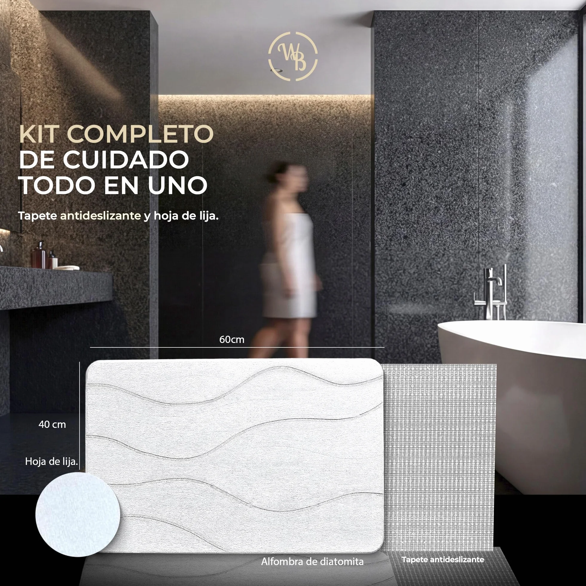 Alfombra Diatomita Baño Fast Dry 60x40 Antideslizante Antibacteriana Gris Stone Bath Mat