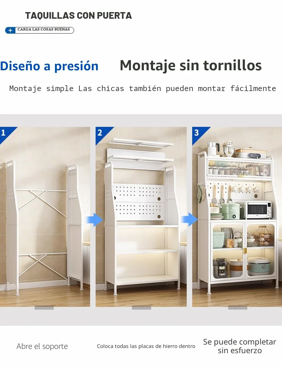 Armario de Cocina, Mueble Auxiliar De Cocina, 5 Niveles Aparador, con Orificio para Cables, con Ganchos Ruedas, Puerta Magnética, Color Blanco(66x36x164cm)