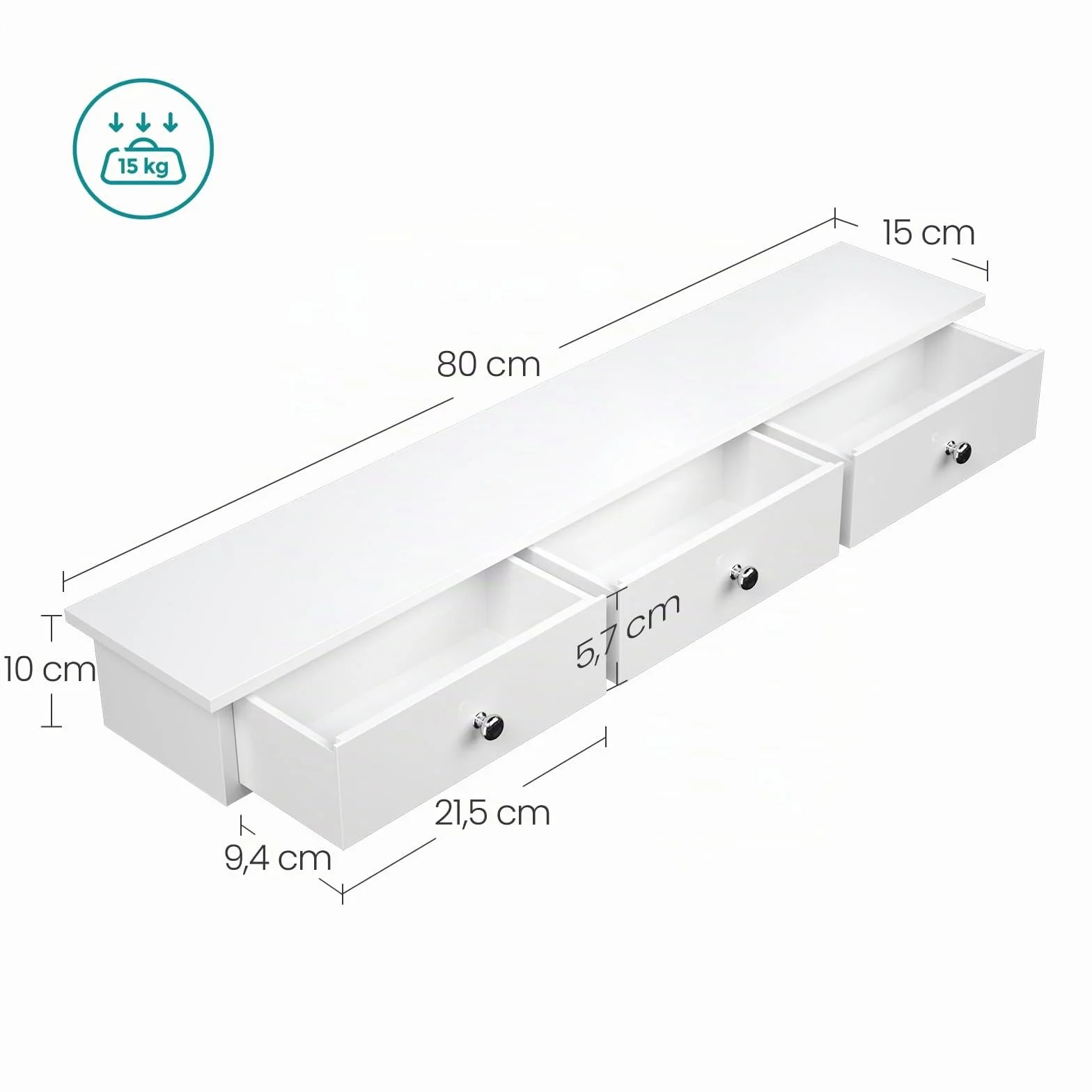 SONGMICS Estante de Pared Flotante con 3 Cajones, 15 kg, 15 x 80 x 10 cm, Blanco LWS085W01