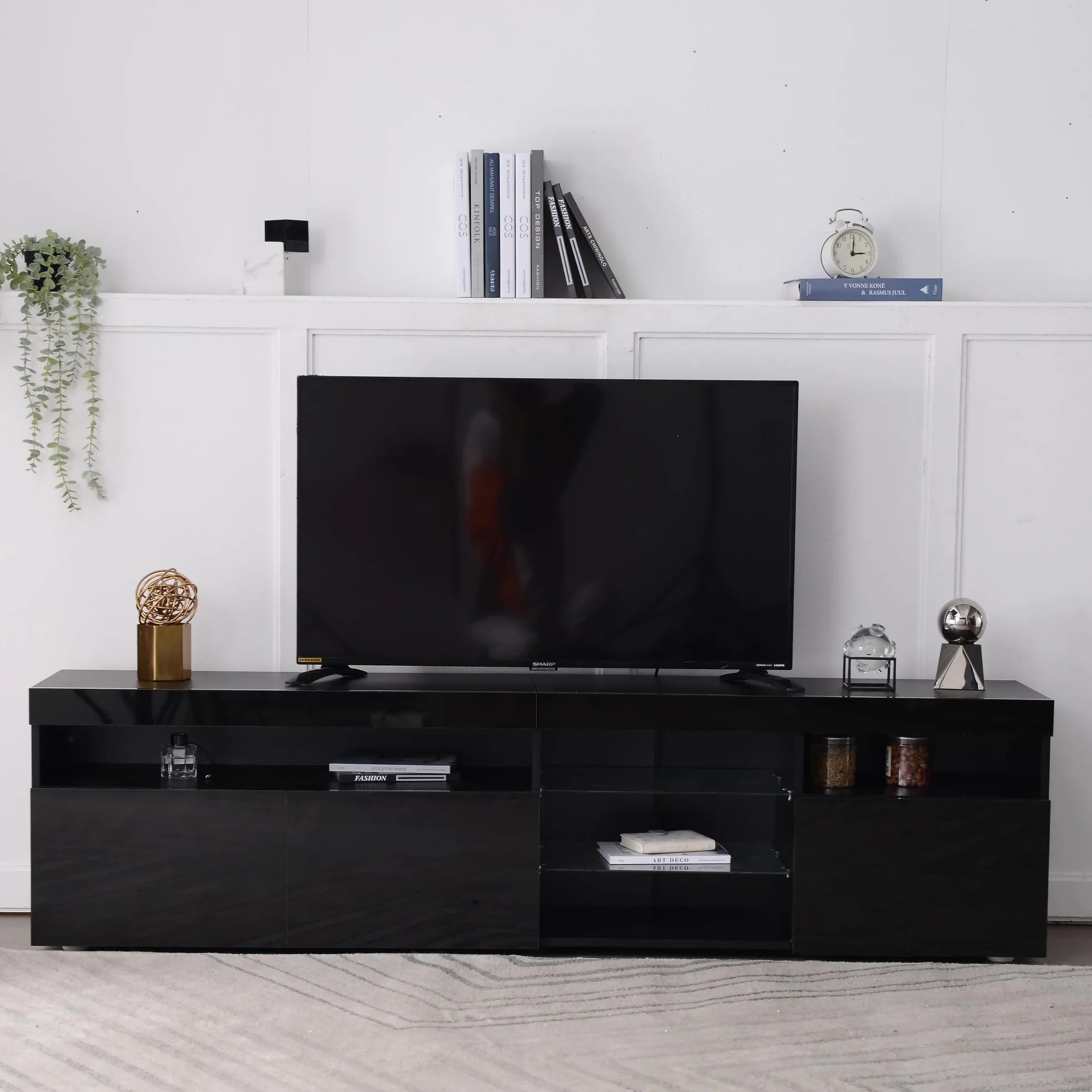 Azkoeesy Mueble TV con iluminación LED, 180 cm, Mueble de televisión, 3 Puertas y Estante de Cristal, Negro Brillante