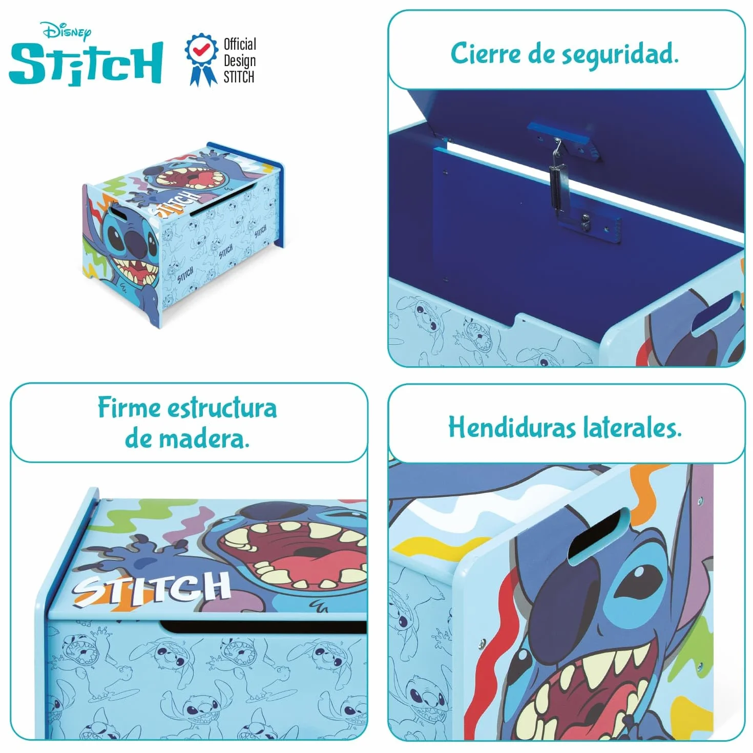 Banco juguetero de madera Stitch Disney 62.5x40x37cm azul