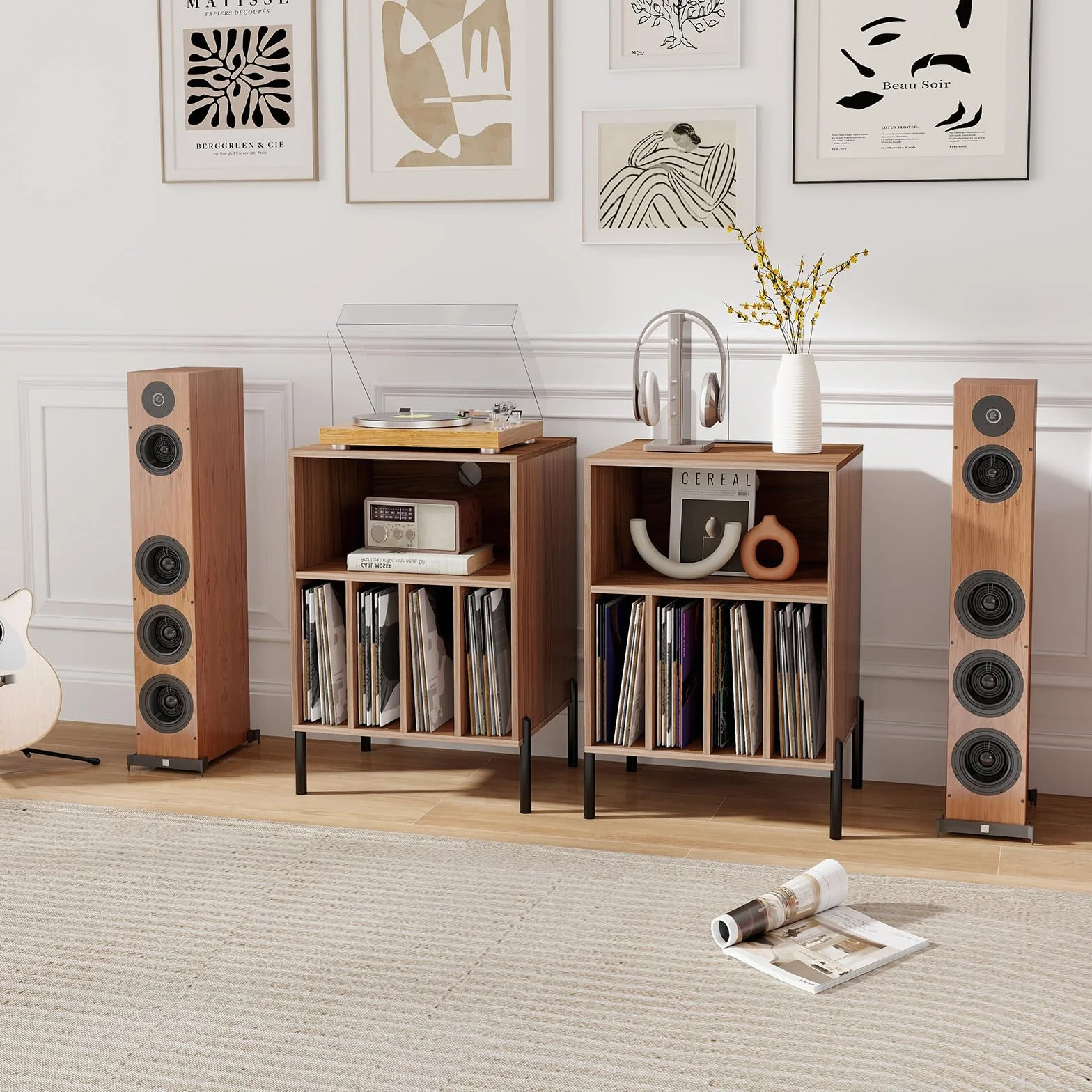 KOMFOTTEU Soporte para Tocadiscos con Estación de Carga, Estantería para Discos de Vinilo con 5 Compartimentos Abiertos, Mesa Auxiliar para hasta 150 Álbumes, Mesa de Impresión para Oficina (Nogal)
