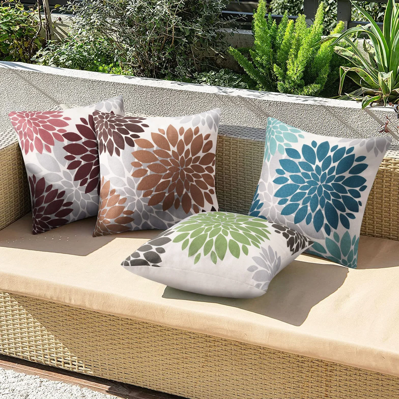 Serento Fundas Cojines 50x50 Flores Primavera Rojo Exterior Impermeable Funda de Almohada Cuadrada Lino Juego de 4