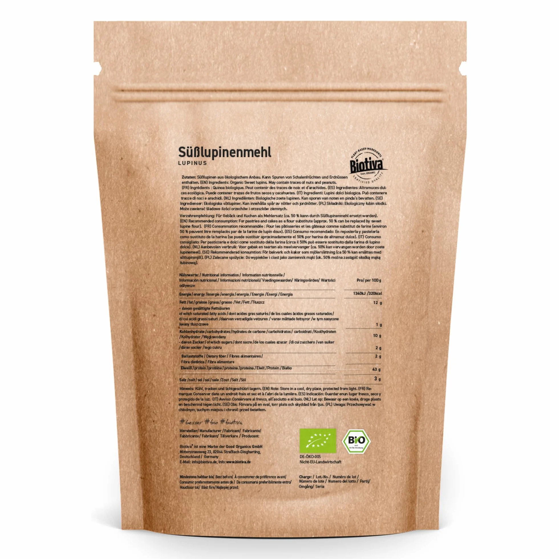 Biotiva Harina de Altramuces dulces orgánica 1000g - sin gluten - vegano