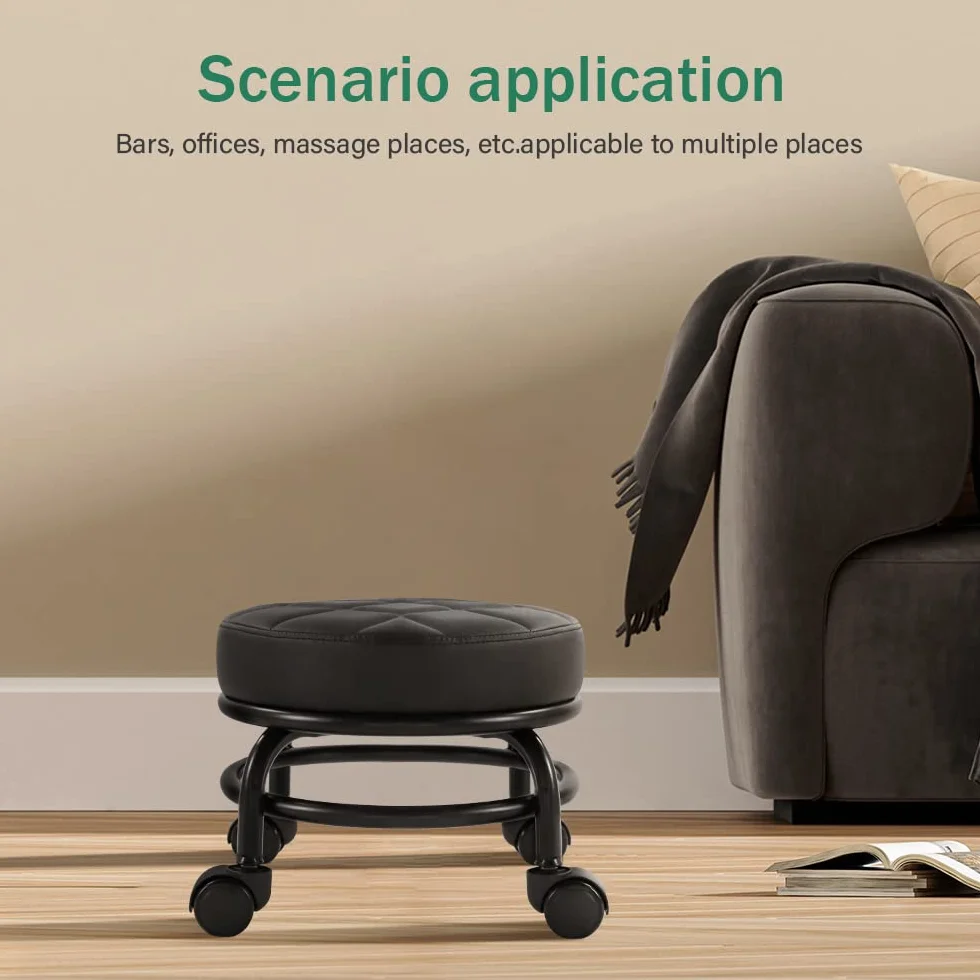 FURWOO Roller Seat PU Leather Low Round Rolling Stool Taburete de Piso con Ruedas universales H 25.5cm Negro