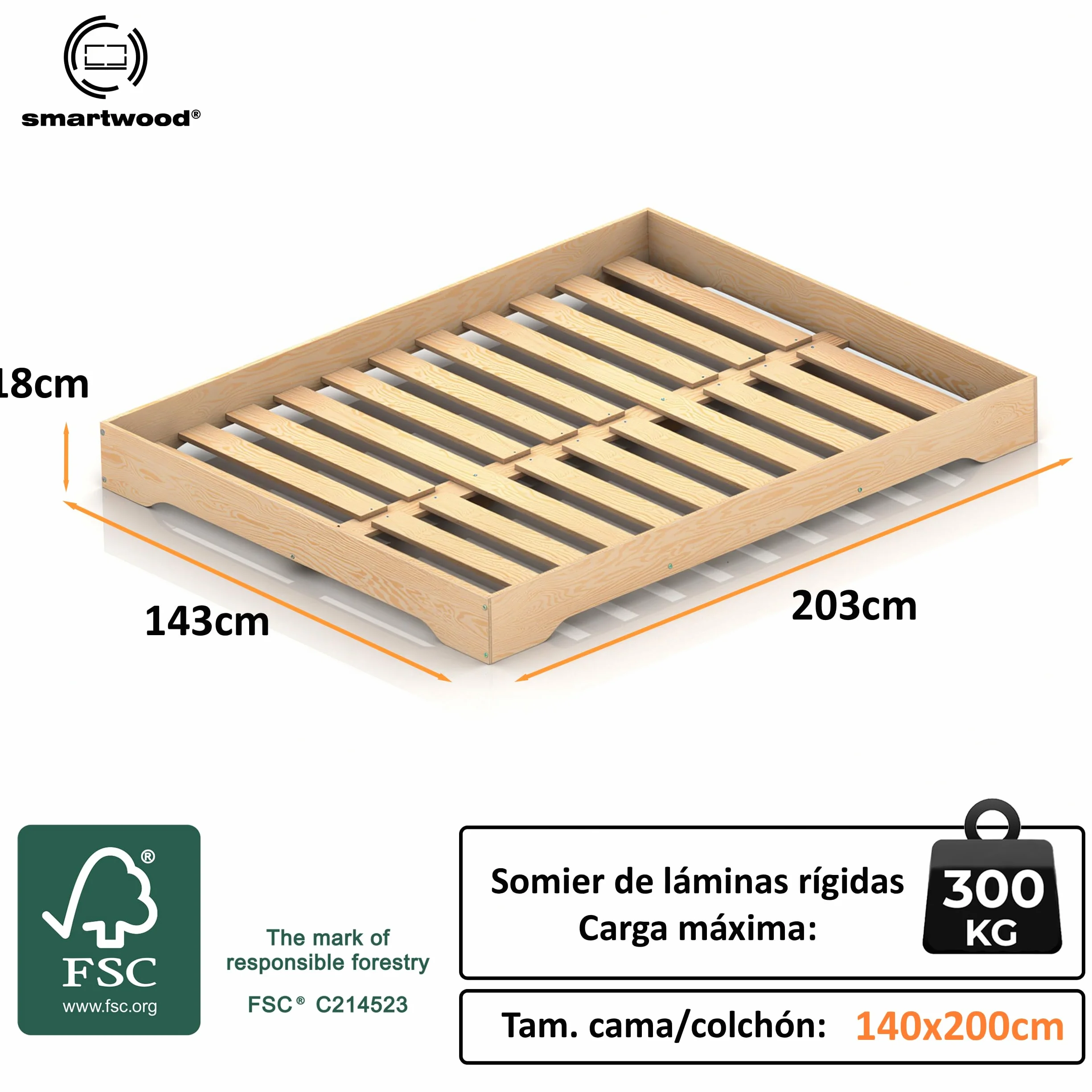 smartwood Cama Montessori 140x200 cm - Cama Infantil de Madera de Pino Certificada FSC con Somier de Listones - Capacidad de Carga 300 kg - para Niño y Niña - Montaje Sencillo - TILA 7