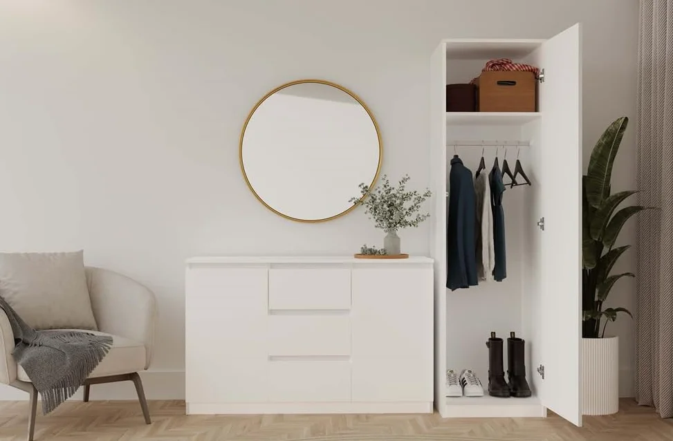 BDW SD-50 Armario, 50 x 50 x 180 cm, 4 estantes, barra para ropa Ideal para un dormitorio, pasillo, habitación infantil o oficina | Perchero, guardarropa (Blanco)