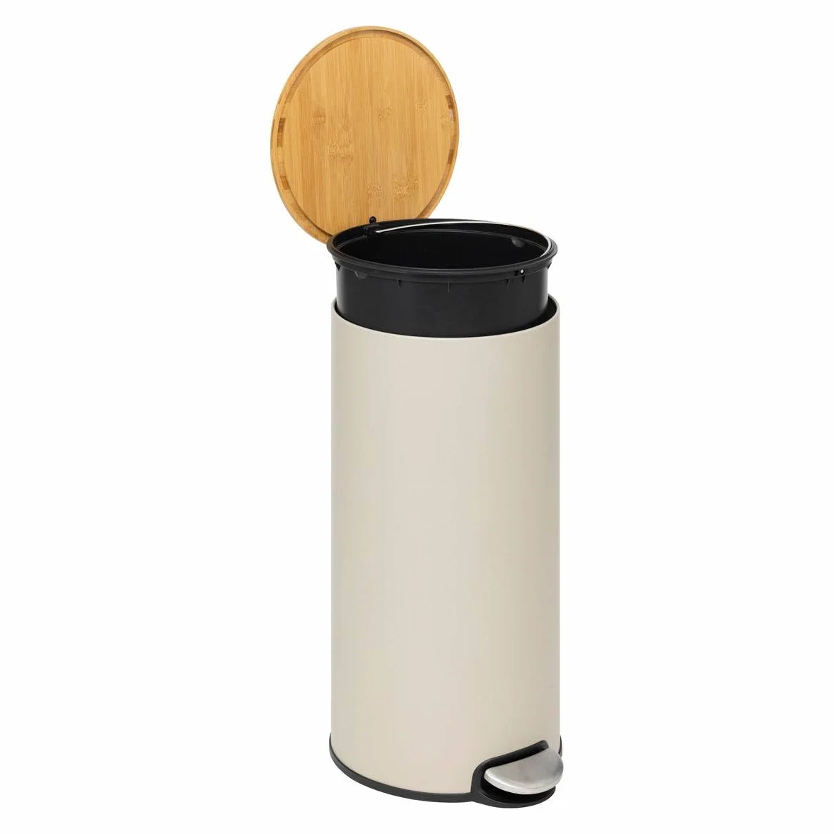 5five - Papelera con pedal de color beige - 30 L - Tapa de bambú, cubo extraíble - Para el hogar y el lavadero