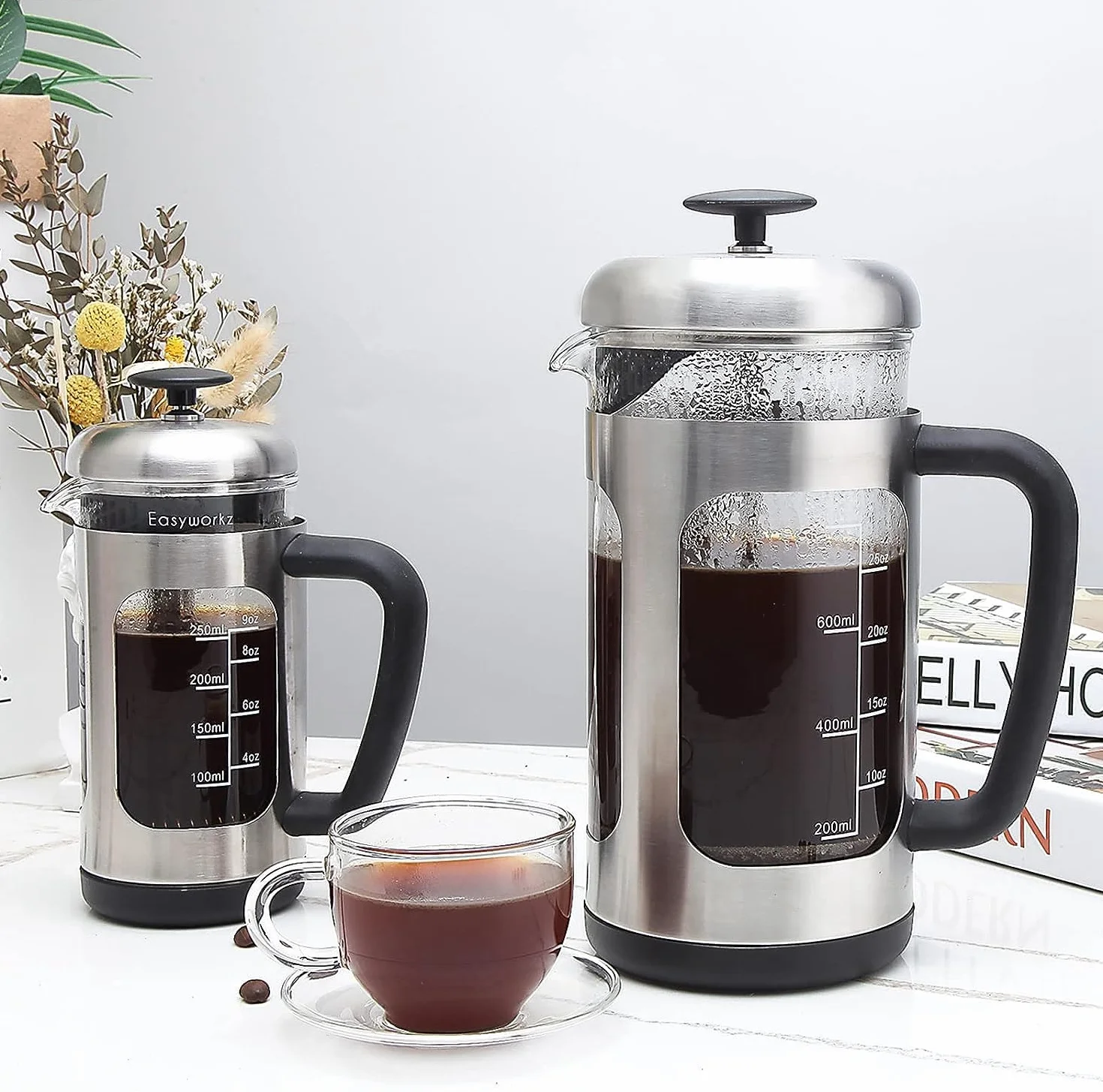 Easyworkz Cafetera de prensa francesa de Acero Inoxidable,vidrio de borosilicato resistente al calor,1000 ml