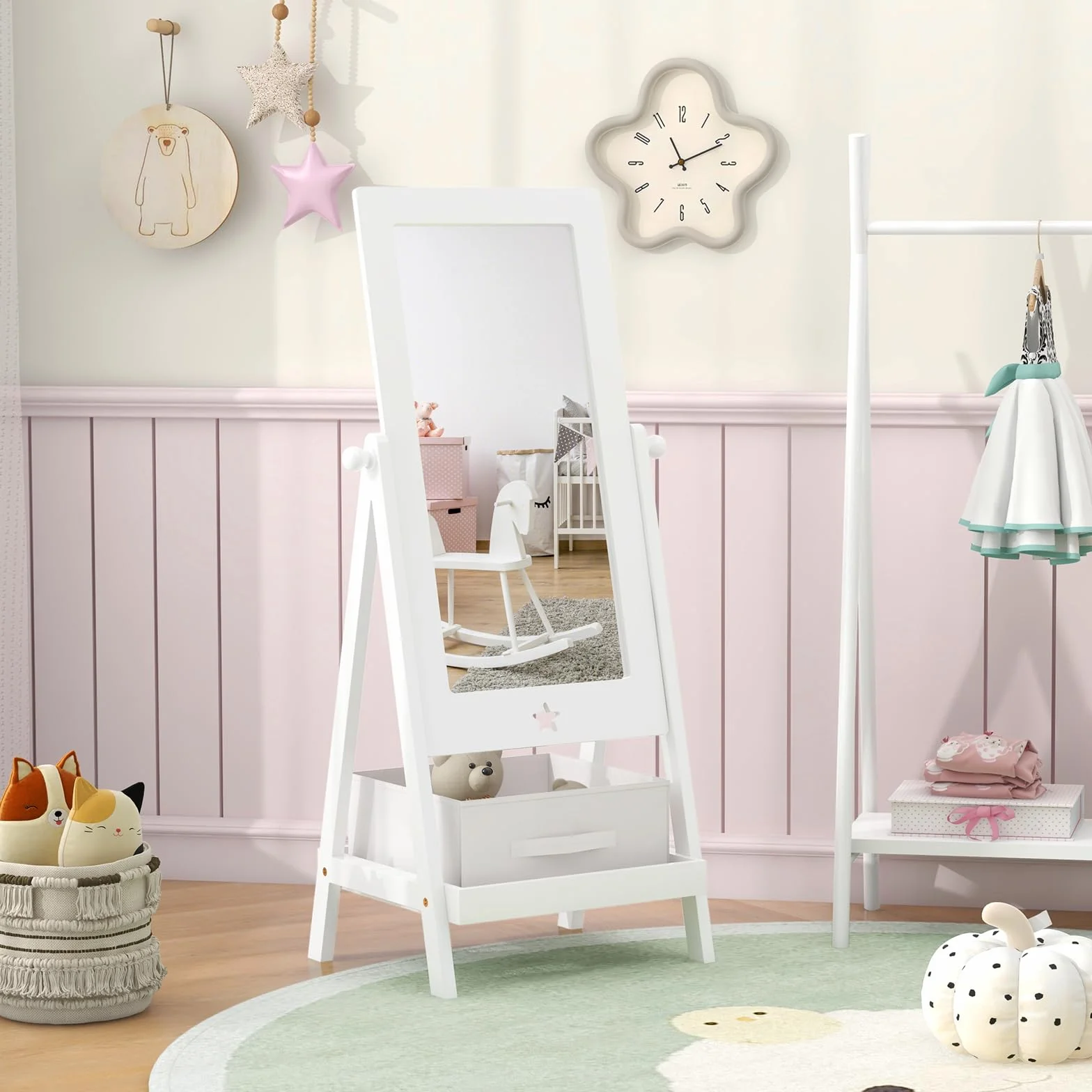 GOPLUS Espejo de Cuerpo Entero para Niños con Ángulo Ajustable, Estante de Almacenamiento y Contenedor de Tela, Pie para Dormitorio Infantil