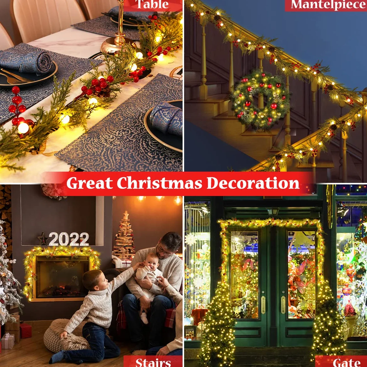 Quntis 1.75M Guirnalda de Navidad Artificial con Luces, 20 LED Guirnalda de Plástico con Pilas/Batería, para Puerta Delantera, Chimenea, Escalera, Mesa, Porche, Interior de Vacaciones, Pino