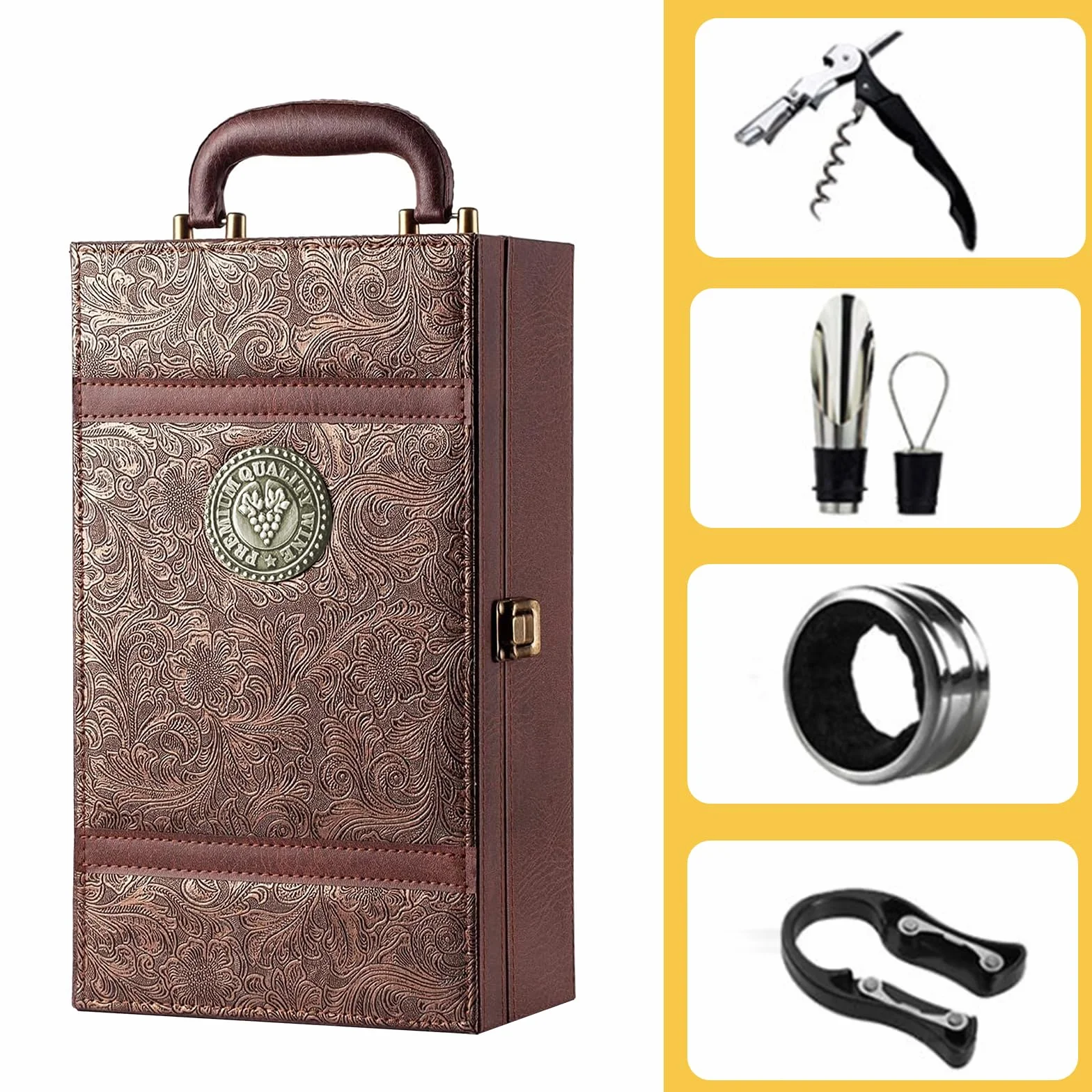 Caja para Botella de Vino con Accesorios para vino de 4 piezas Estuche portador de vino para 2 Botellas para Bodas Aniversarios Fiestas Viajes 35x20x12 cm