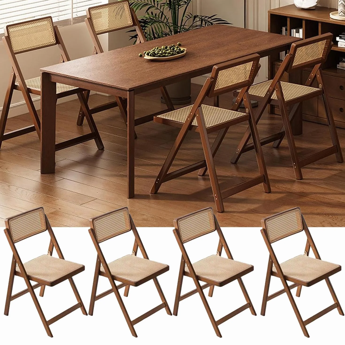 Silla plegable de ratán, silla de respaldo, casa de familia minimalista, Hogar de bambú, silla de sala de estar, respaldo de ocio, silla de comedor,4pcs silla,walnut