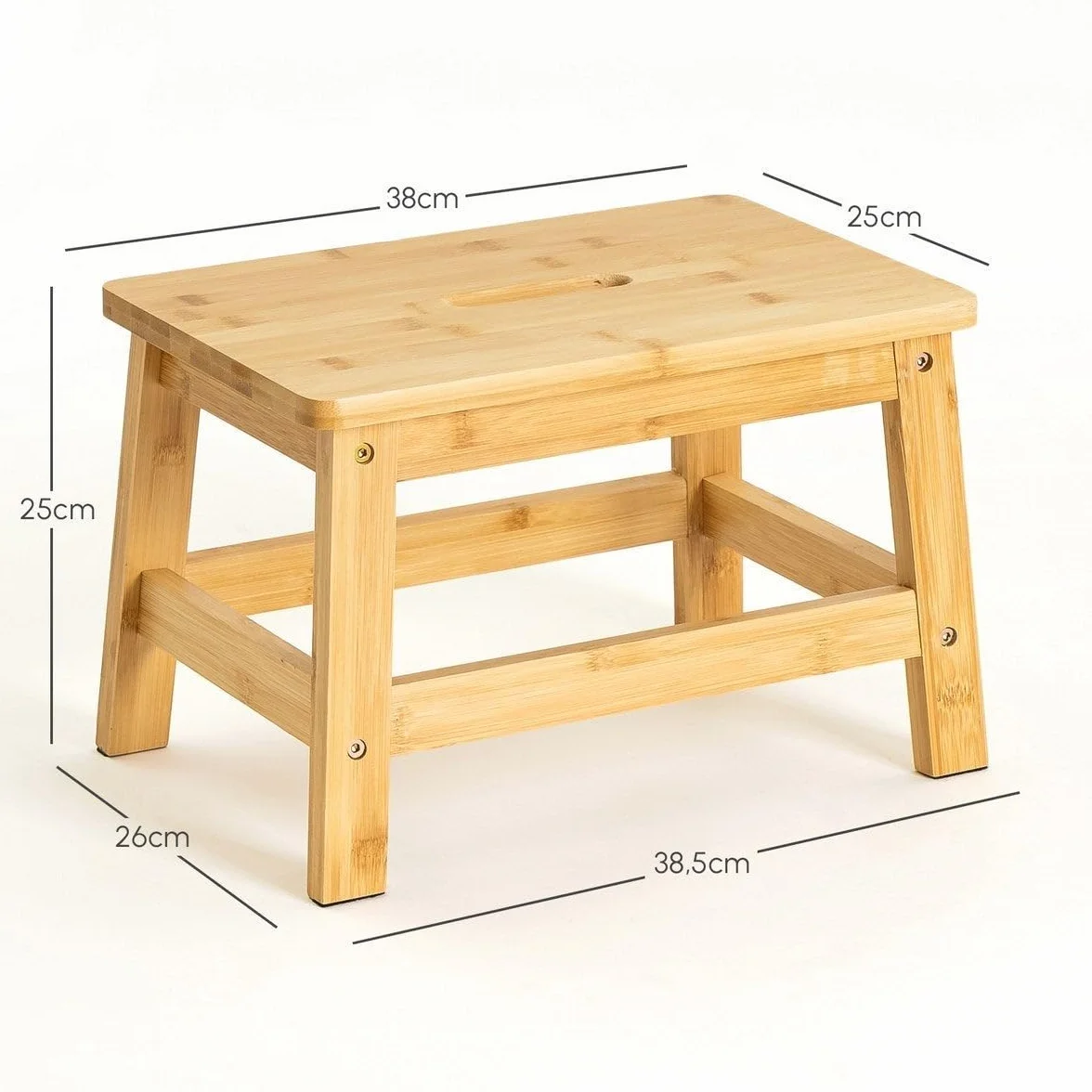 Bambusowy Taboret Krok Madera Naturalny 38x26x25 cm 150 kg z Uchwytem i Ochroną Antyrysową