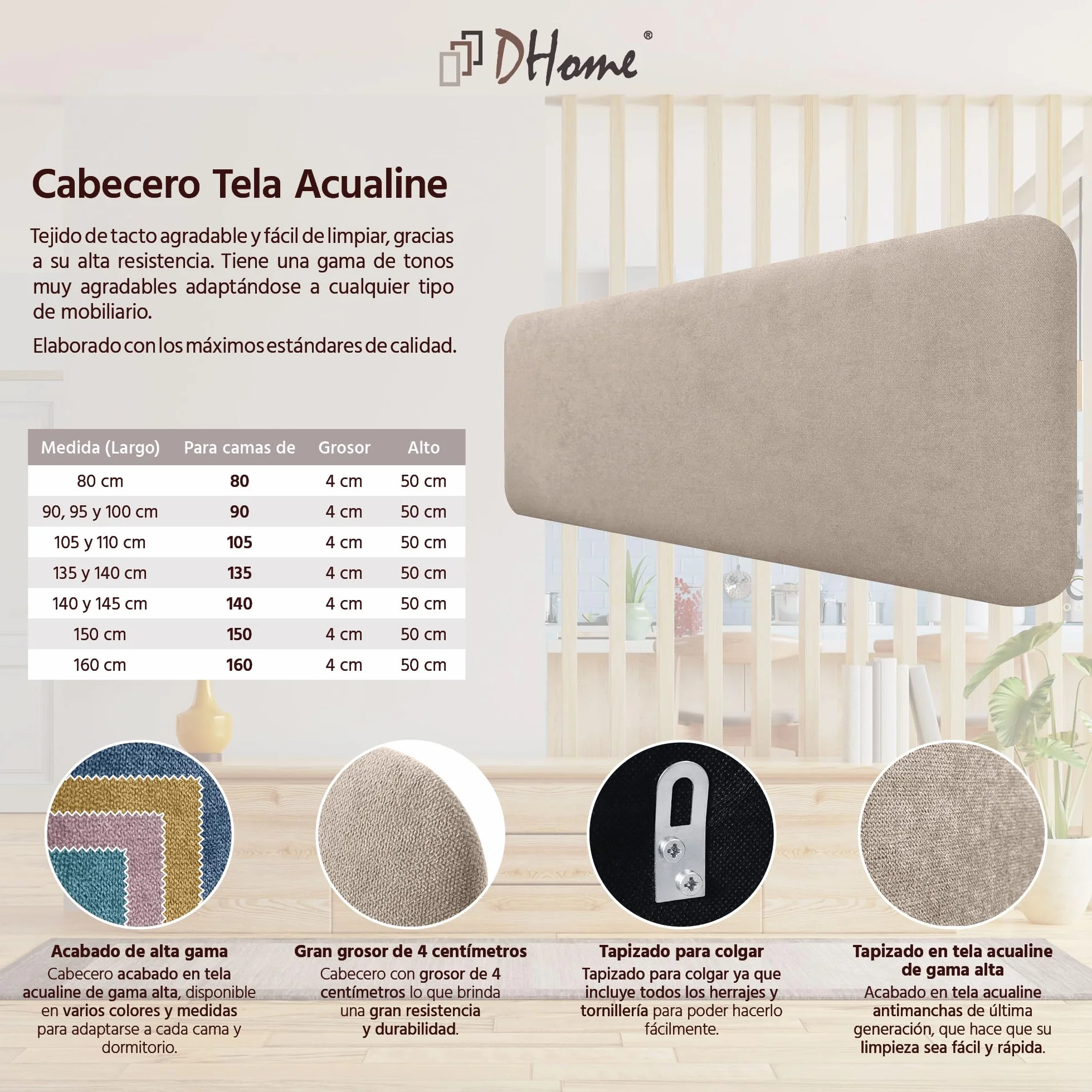 DHOME Cabecero Tapizado Liso Redondeado Tela Aqualine para Pared Acústicos Cabeceros Absorbentes Cabezal Cama Dormitorio (Beige, 150cm)