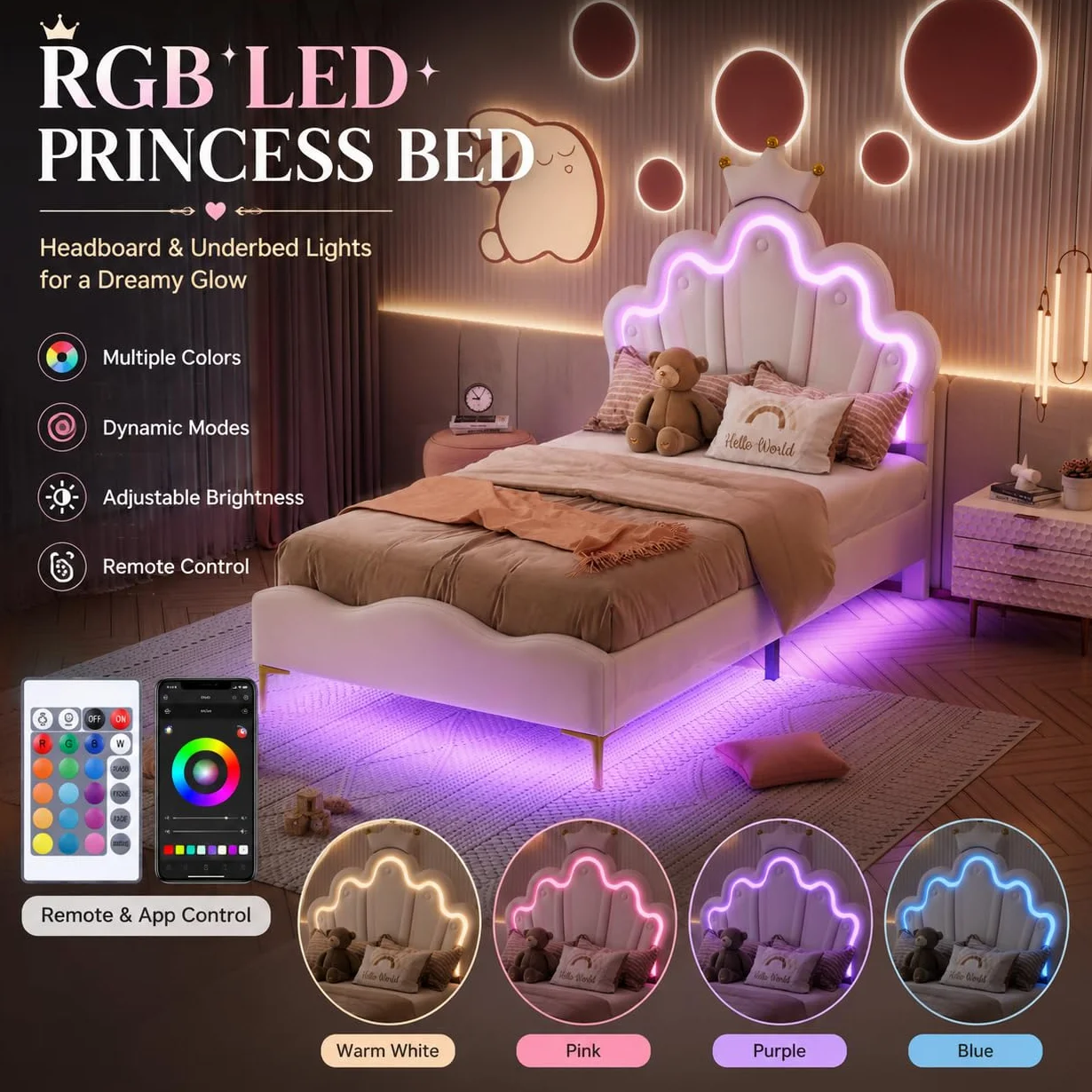 BRILVERDE Cama de Niña 90x200 con LED, Cama Princesa con cabecera coronada, Marco con somier de láminas, para niñas, para niños y adolescentes, PU (blanco, 90x200 cm)