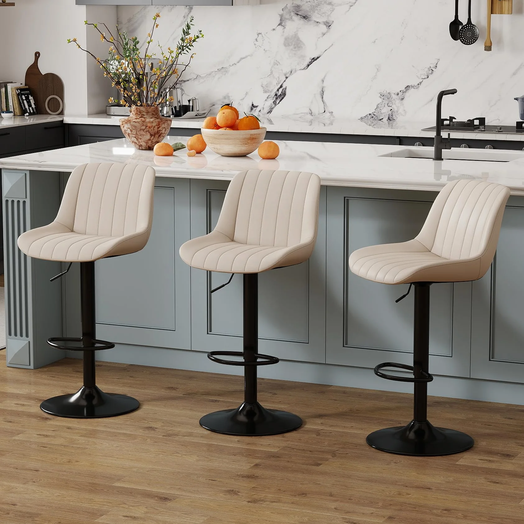Youhauchair Taburetes Altos de Cocina Juego de 3, Taburete de Bar Giratorios Ajustable, Cuero PU, Beige