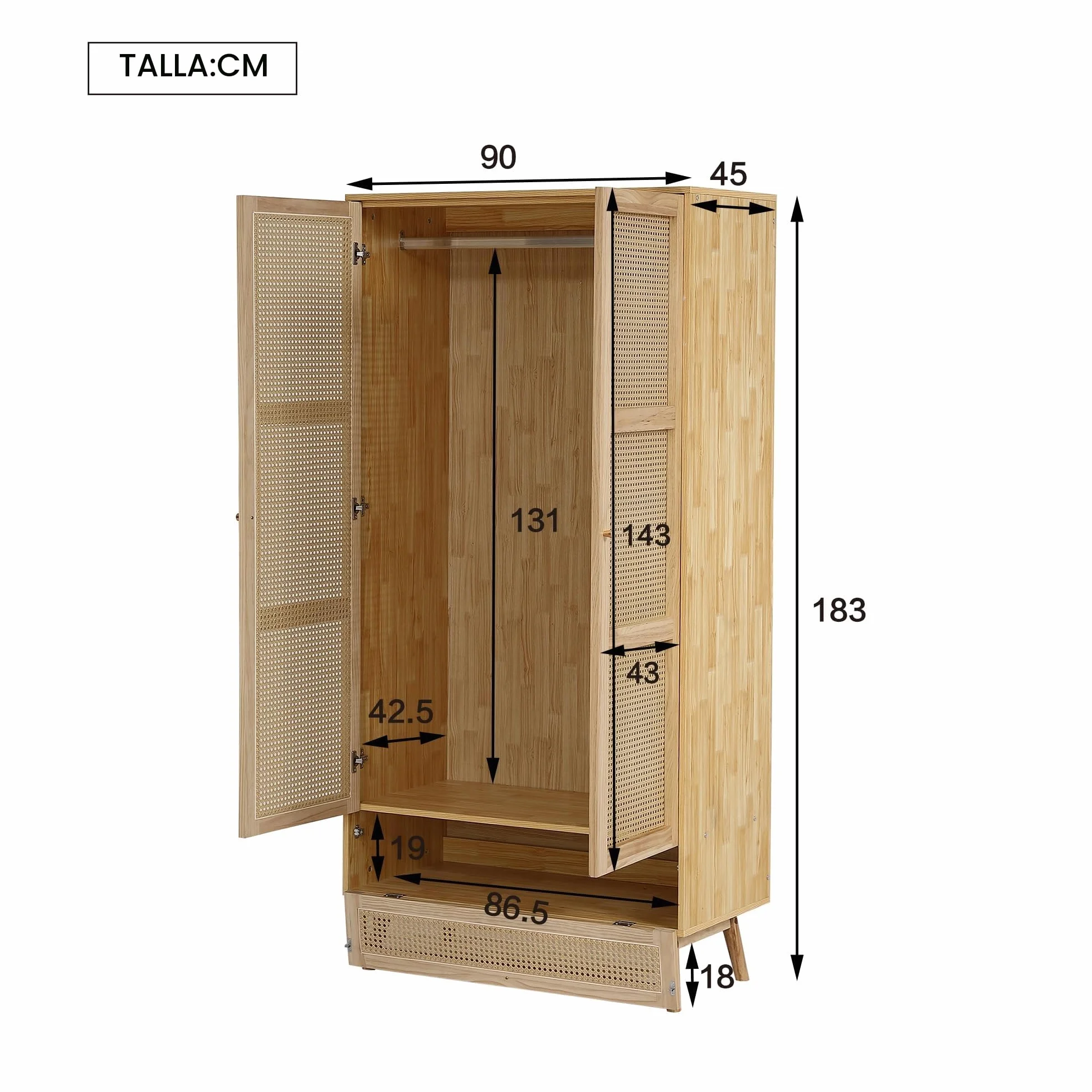 Moimhear Armario con barra, 90 x 45 x 183 cm, armario de 2 puertas, dormitorio, red de ratán, con tapa inferior abatible, tablero de partículas + ratán sintético