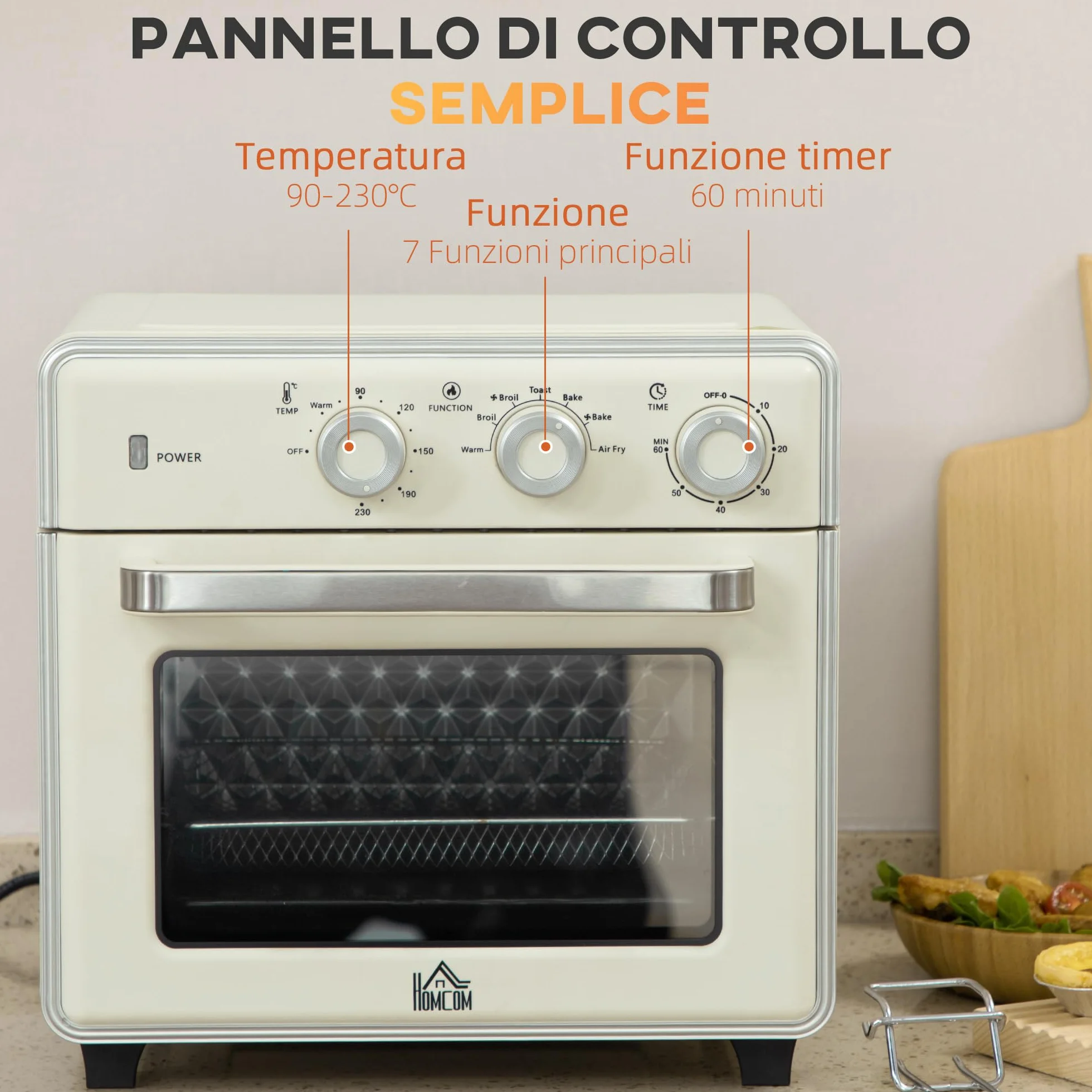 HOMCOM Horno eléctrico ventilado 20 L 1400 W multifunción aire caliente 90-230°C temporizador 60 min 5 modos doble cristal
