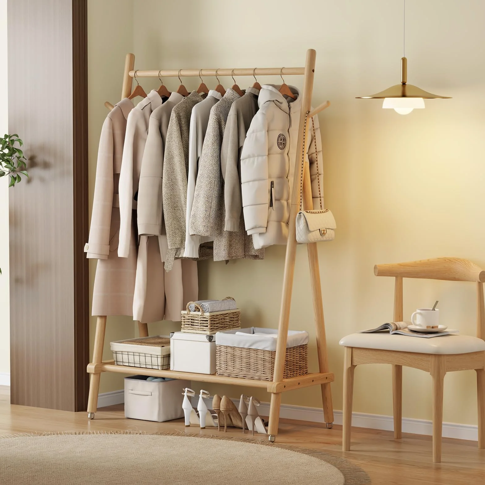 AQIMUELE - Perchero con ruedas, barra para carga pesada, perchero de madera, 43 x 100 x 157 cm, con soporte para zapatos, para dormitorio, salón (natural)