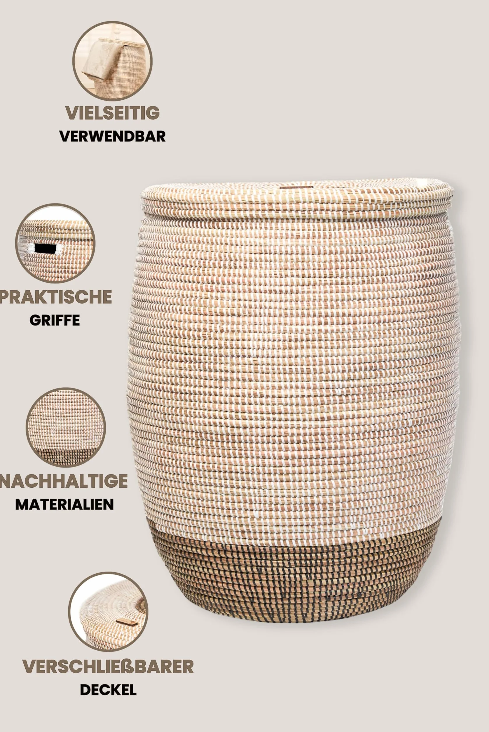 YAADU Cesto XXL para la ropa con tapa 95L - Cesto tejido para la ropa, cesto africano para la ropa, cesto grande para juguetes, cesto con asa Modelo Fela (Blanco-Negro-Plano)
