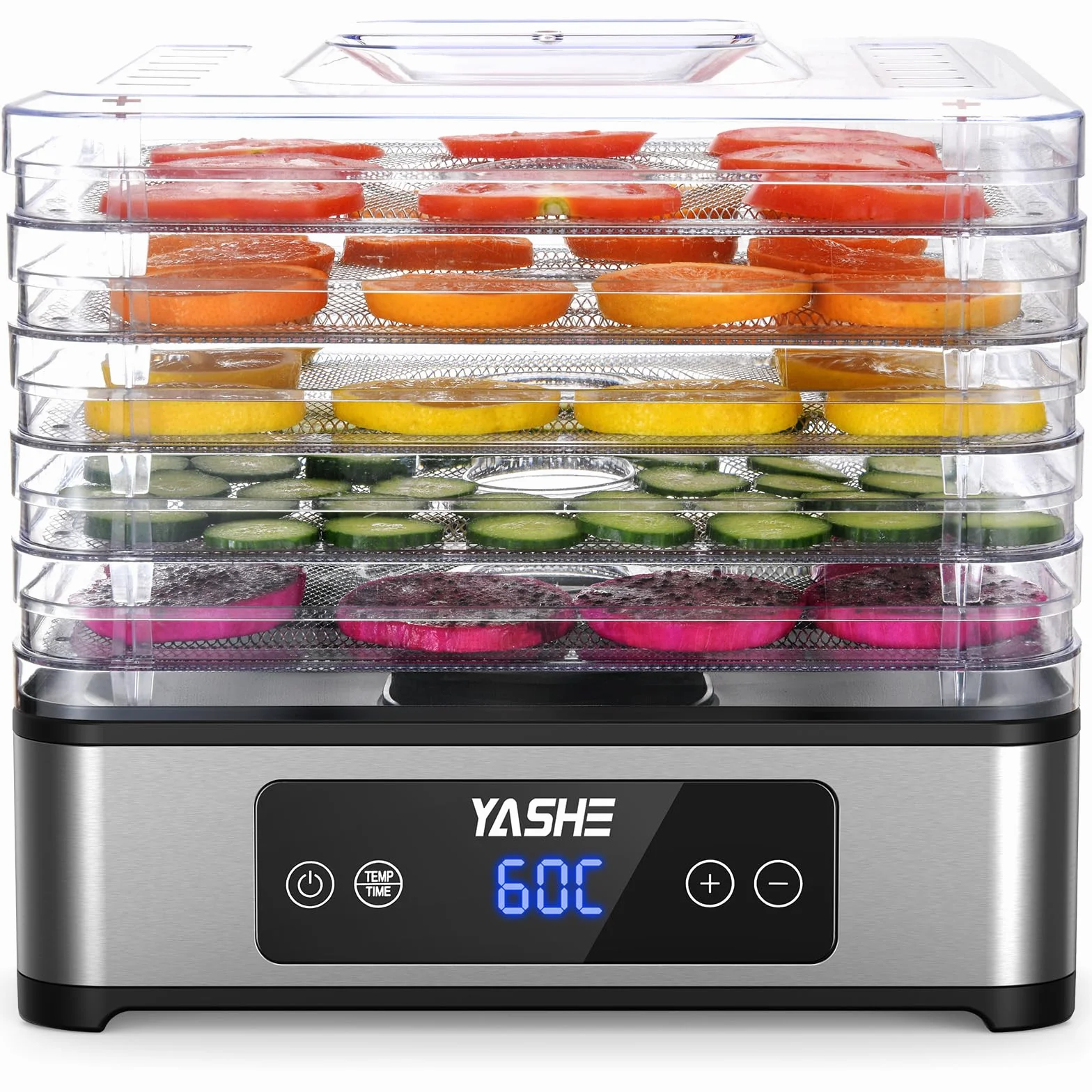 YASHE Deshidratador de Alimentos 5 Bandejas Acero Inoxidable 400W Flujo de Aire 360° Sin BPA