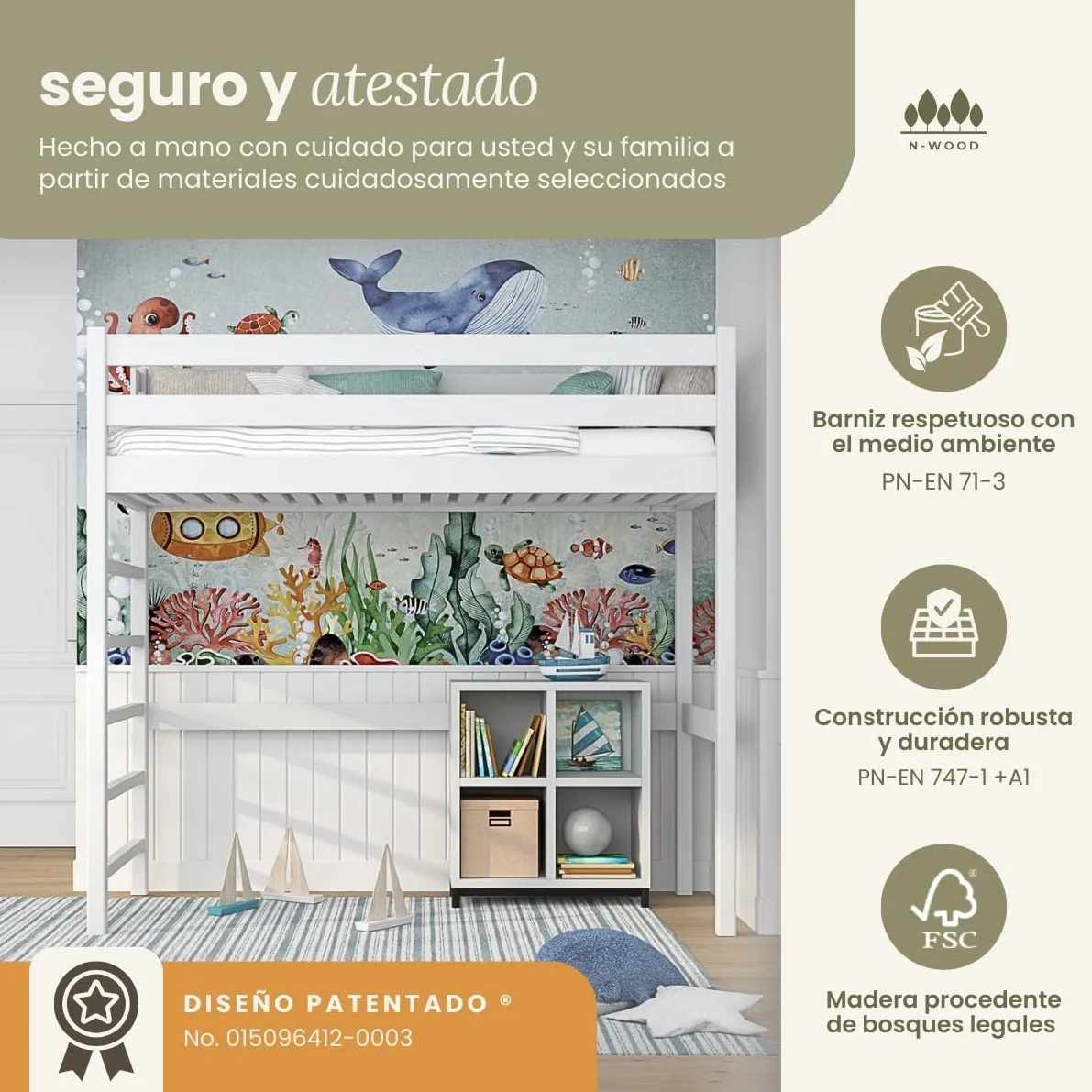 N01 Cama Loft 90x200 cm, 100% Madera Maciza, Cama Alta para niños y Adultos, Escalera Universal: Derecha o Izquierda, Somier Incluido, Sin Tornillos salientes, Hecho a Mano, Blanco