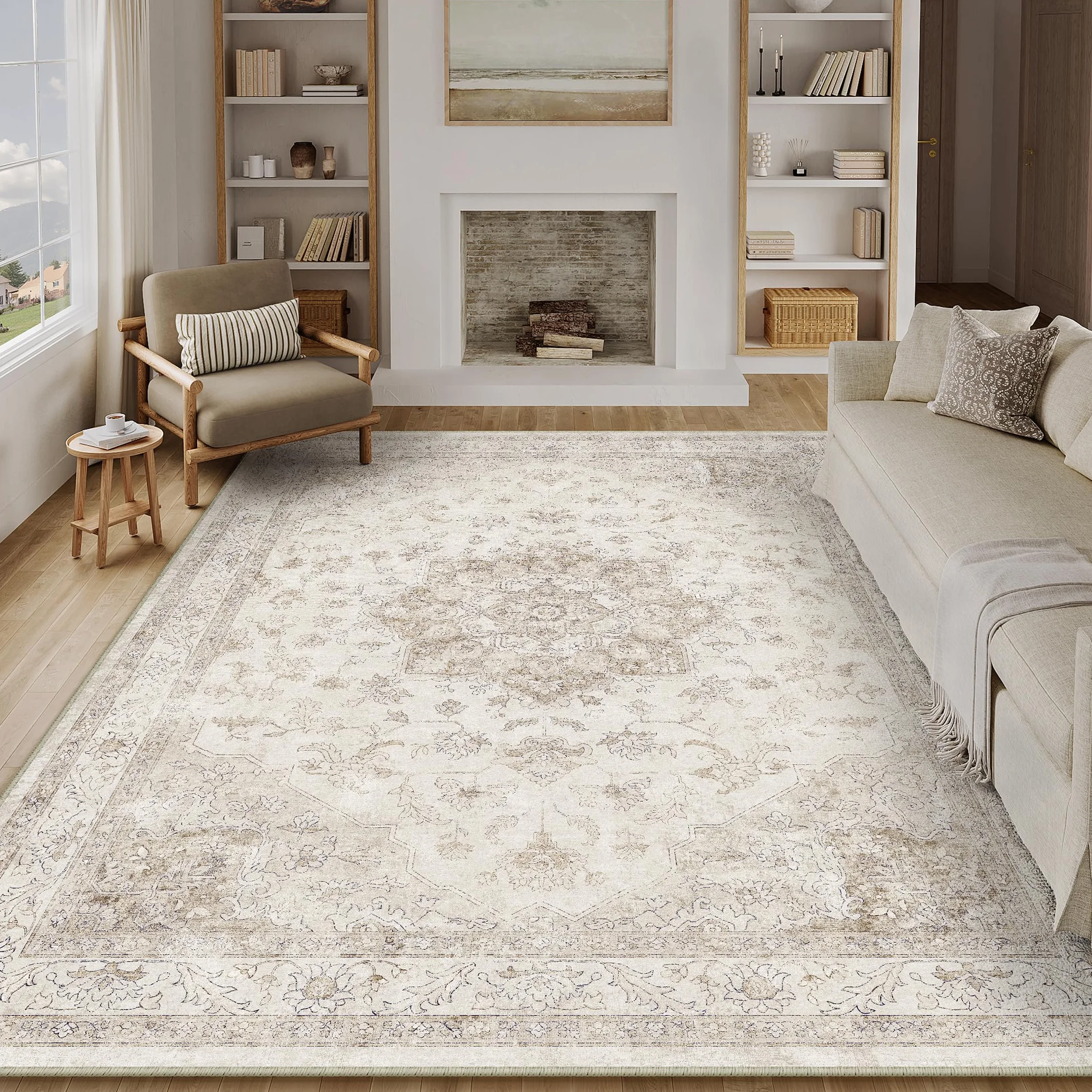 PureCozy Vintage Alfombra Salon 240x300cm Beige Habitacion Lavables en Lavadora Antideslizante Alfombras Sala Dormitorio Cocina Comedor Grande Carpet Pelo Corto Rug