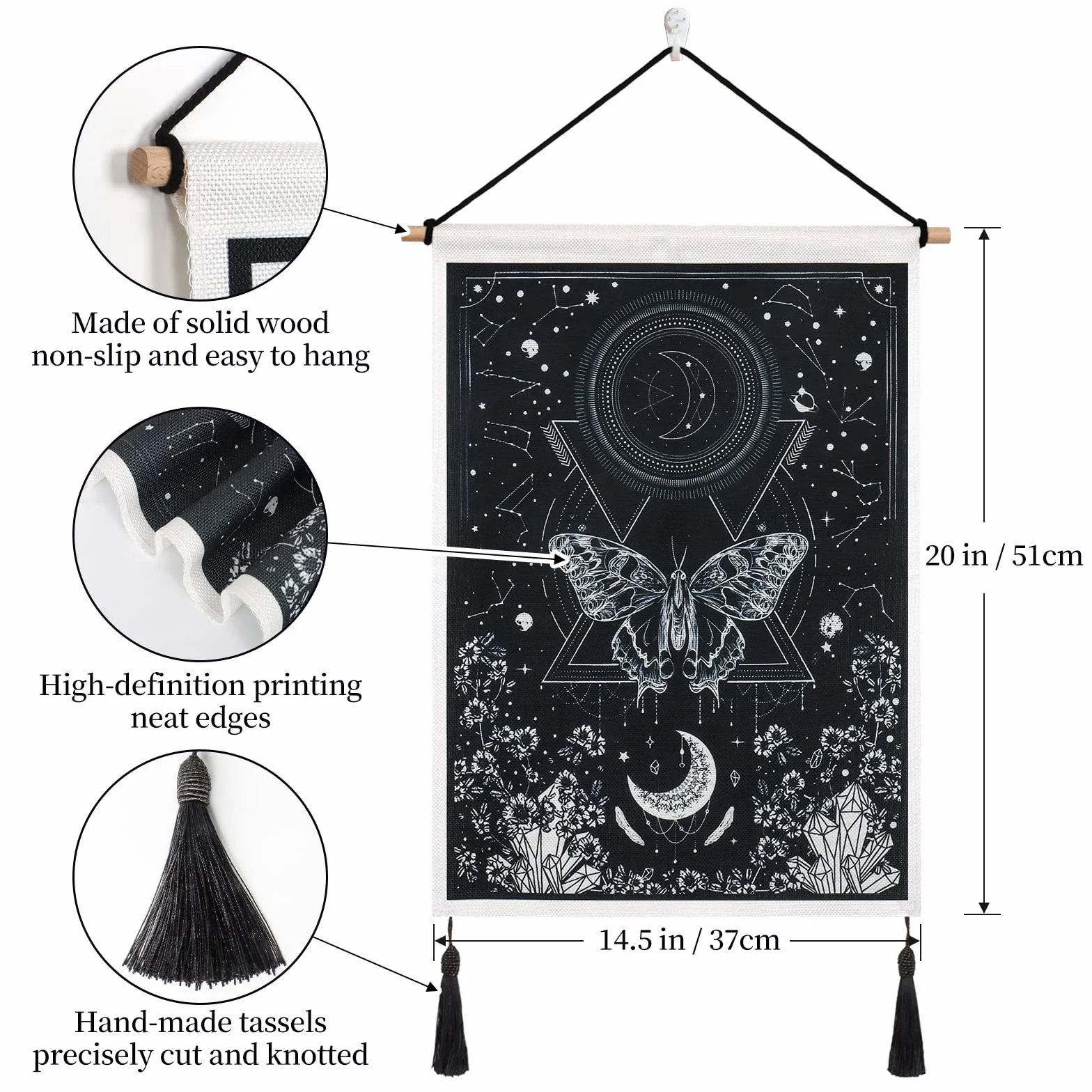Betylifoy Paquete de 2 Tapices de Luna y Sol con Borlas Tarot para Colgar en la Pared Tapiz de Pancarta Tapiz Negro Decoración de Pared Bohemia para Dormitorio Sala de Estar (Eclipse lunar)