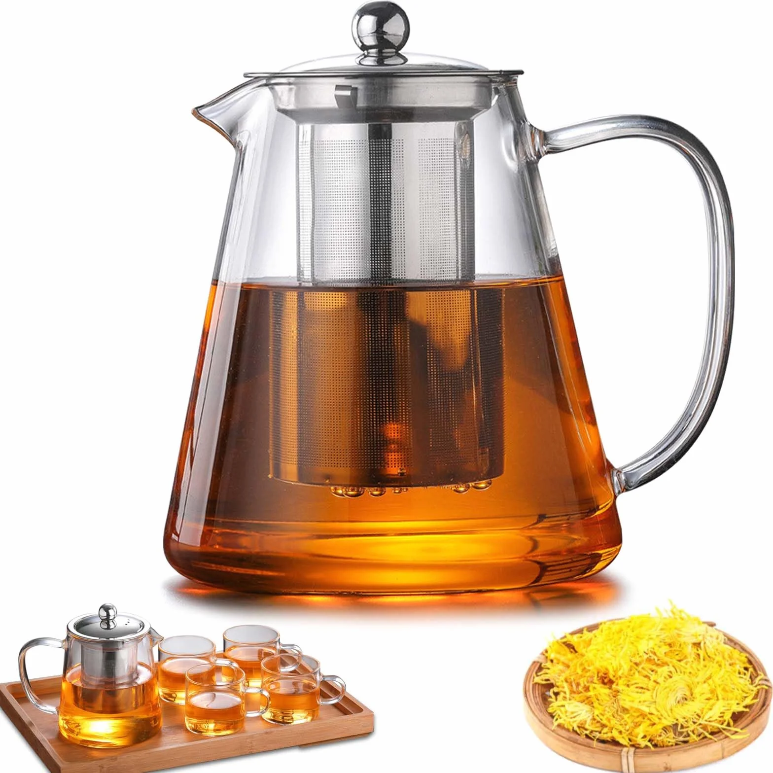Tetera con colador y tapa, 1300 ml, tetera de vidrio borosilicato, tetera de cristal con filtro extraíble, tetera de cristal, resistente al calor, para té suelto, té de fruta, té perfumado