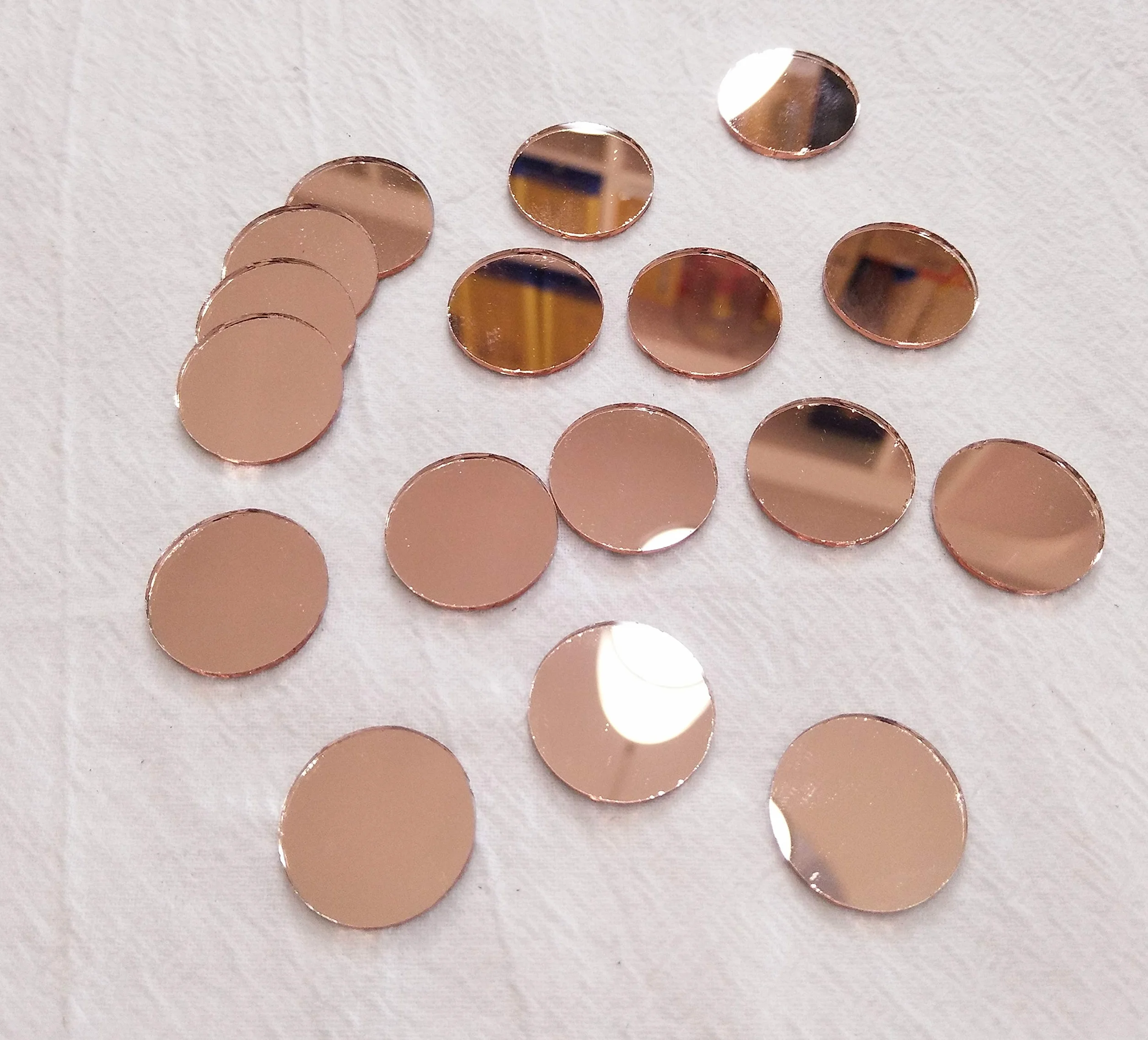 Espejo redondo de cristal de 2 cm, espejo redondo de cristal real para manualidades, viajes, enmarcar, decoración y proyectos de bricolaje (2 cm de diámetro, espejo dorado rosa)