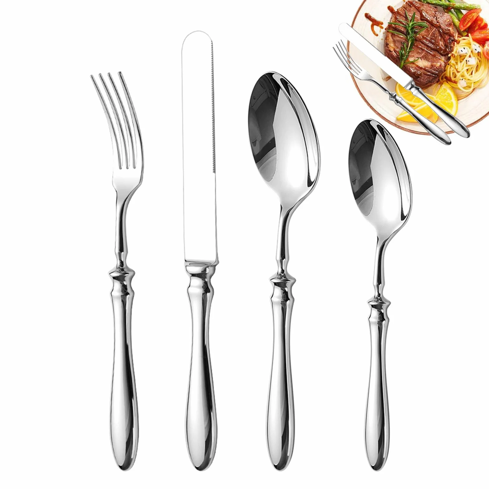 Juego Cubiertos Cubiertos Acero Inoxidable Pulido Cuchillo Bistec Tenedor | Juego De Utensilios Mesa Cuchillo de carne, tenedor, cuchara para comidas, postres, bodas y restaurantes