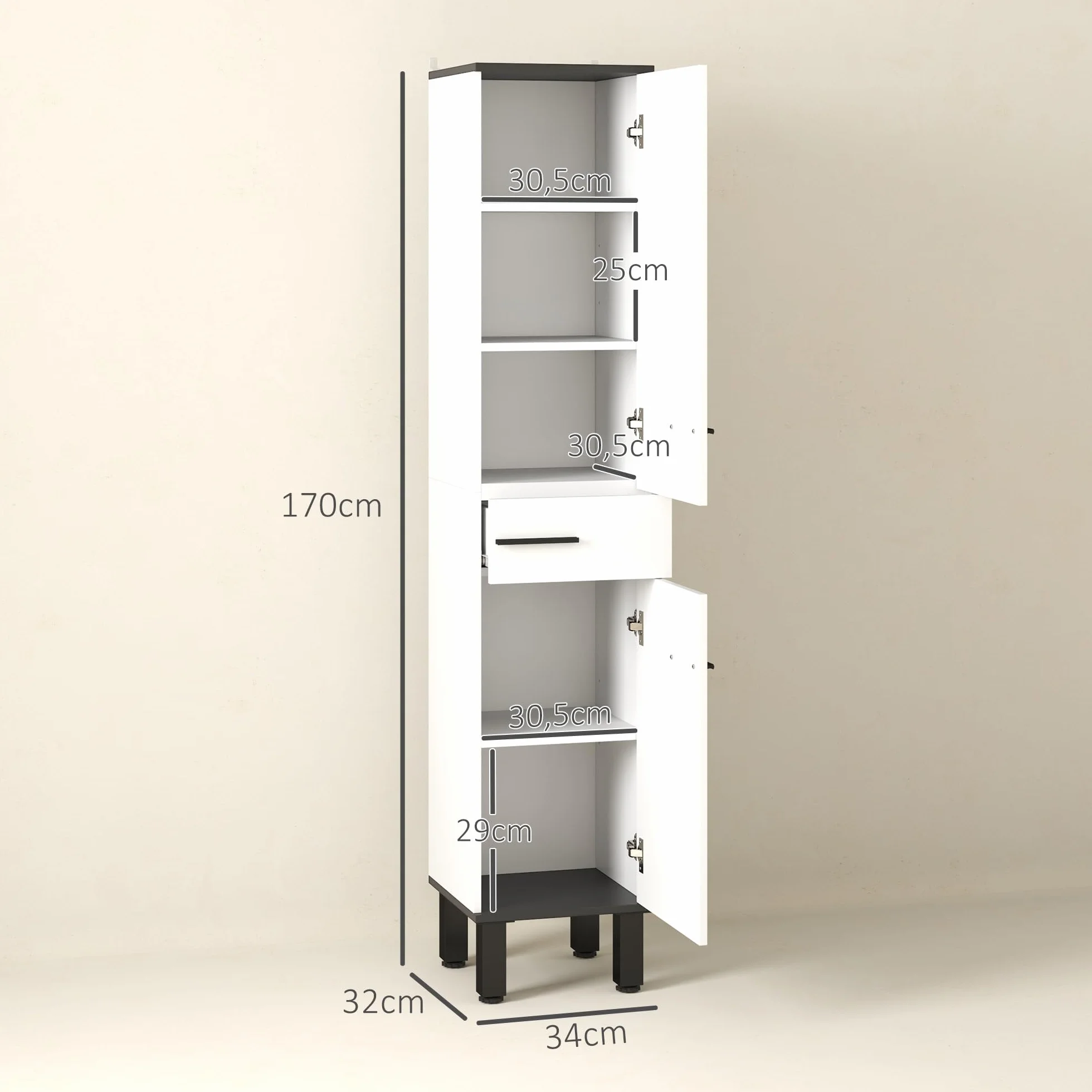 HOMCOM Columna de Baño Armario Alto de Baño con Cajón 2 Puertas y Estantes Ajustable Mueble Auxiliar de Baño Moderno Anti-vuelco 34x32x170 cm Blanco