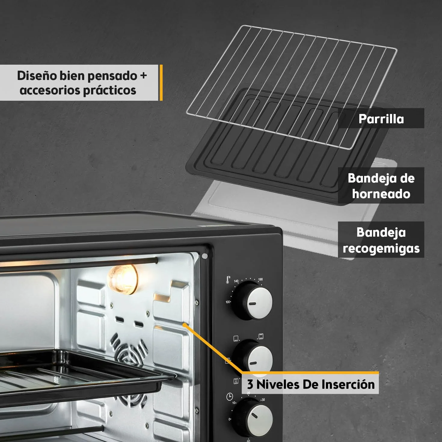 First Austria Mini Horno 30L 1600W Horno Eléctrico con Termostato 230°C Temporizador 60min 3 Alturas Bandeja Parrilla