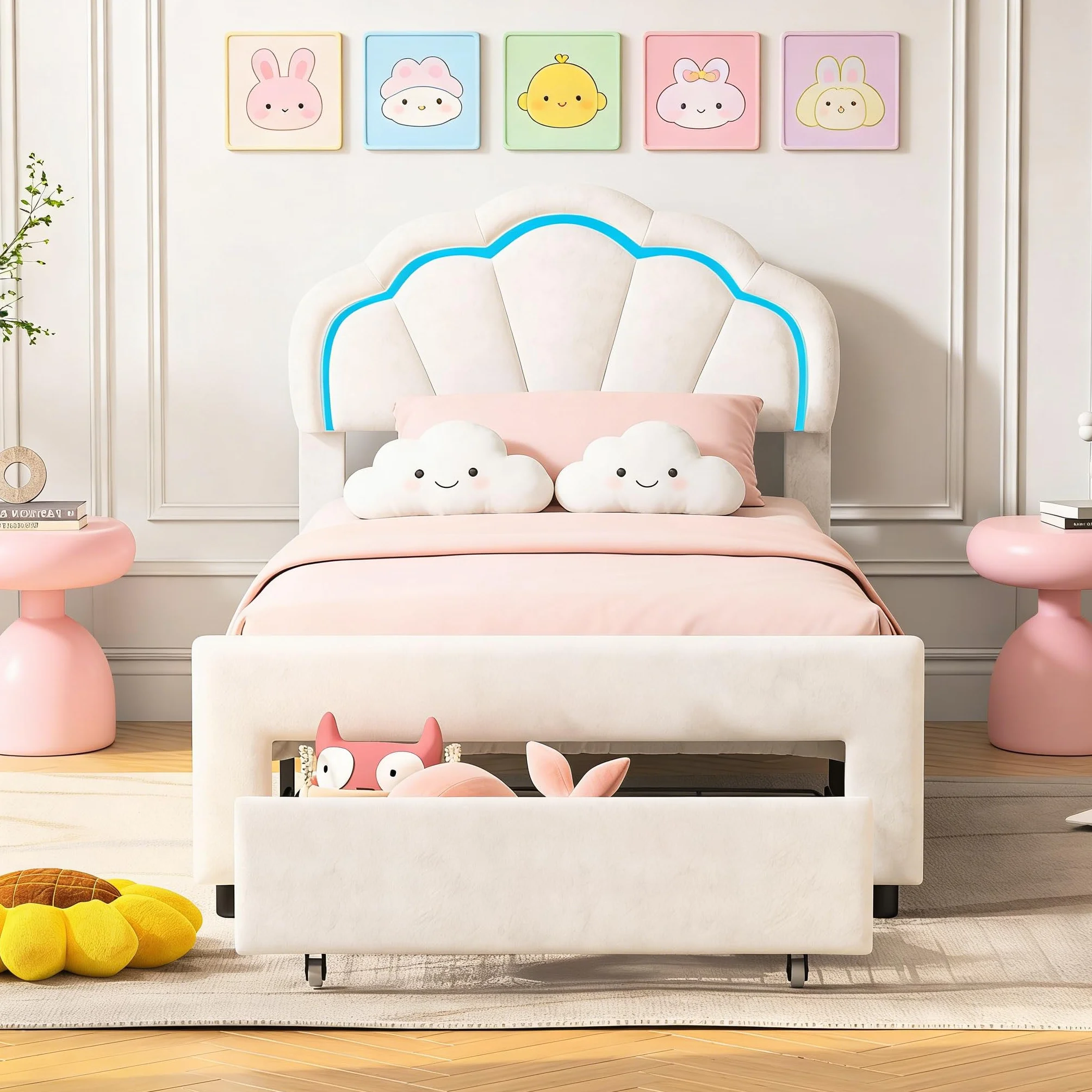 DADEA Cama de Niña Princesa LED con Cajones, Camas Individuales 90x200 Infantiles, Cama Infantil Niña90x200 con Cabecero Cama Niña Adolescente con SomierCamas Infantiles Moderna, Sin colchón