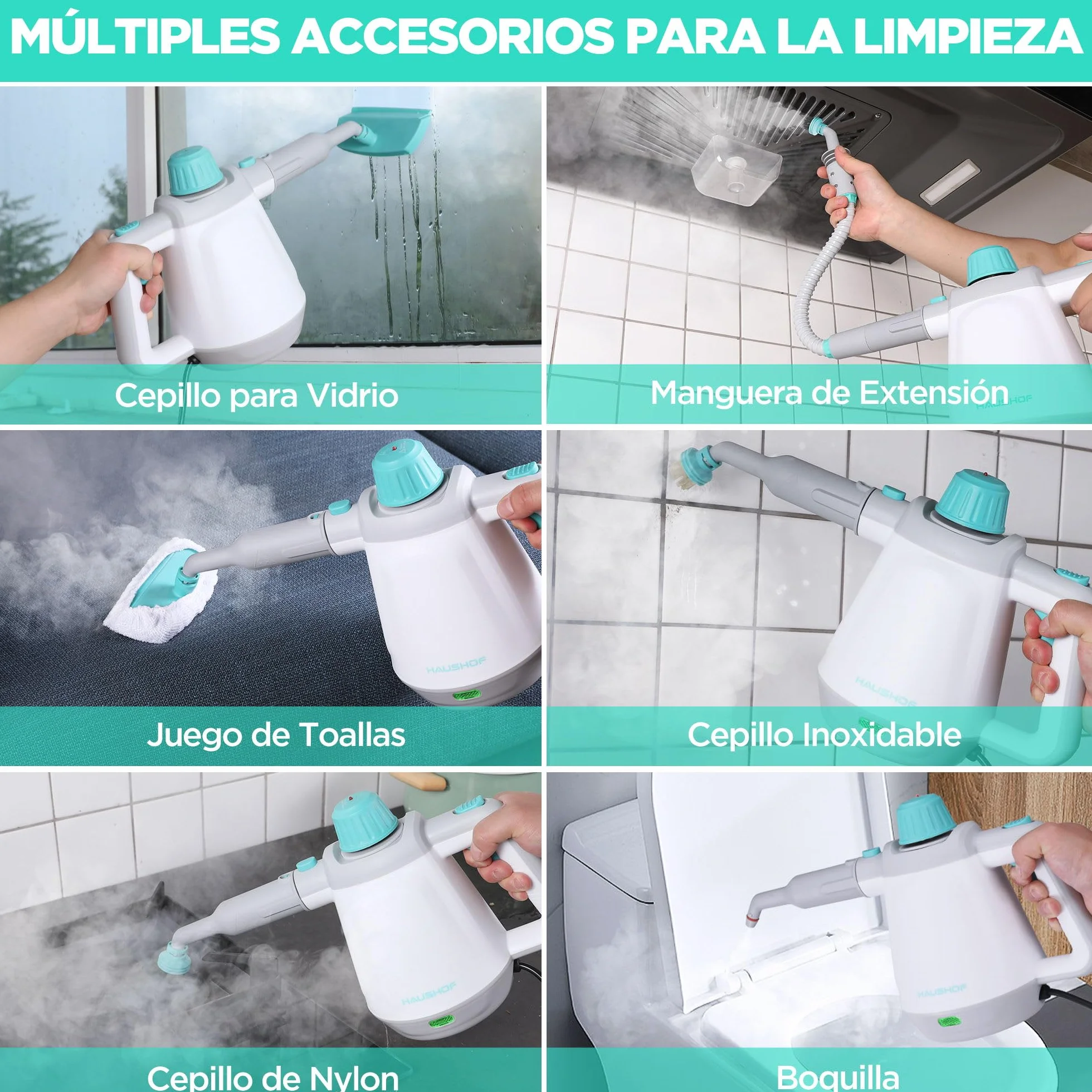 HAUSHOF Limpiador de Vapor 450ml 1200W 3,0 Bar con 8 Accesorios