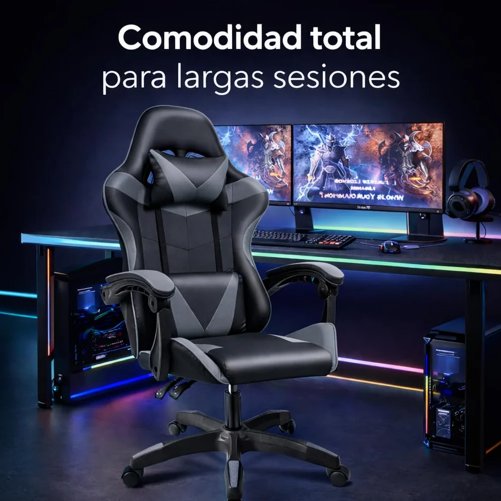 Silla Gaming Ergonómica Reclinable con Cojín Lumbar y Cervical, Altura Ajustable, Reposabrazos Acolchados, Ruedas 360°