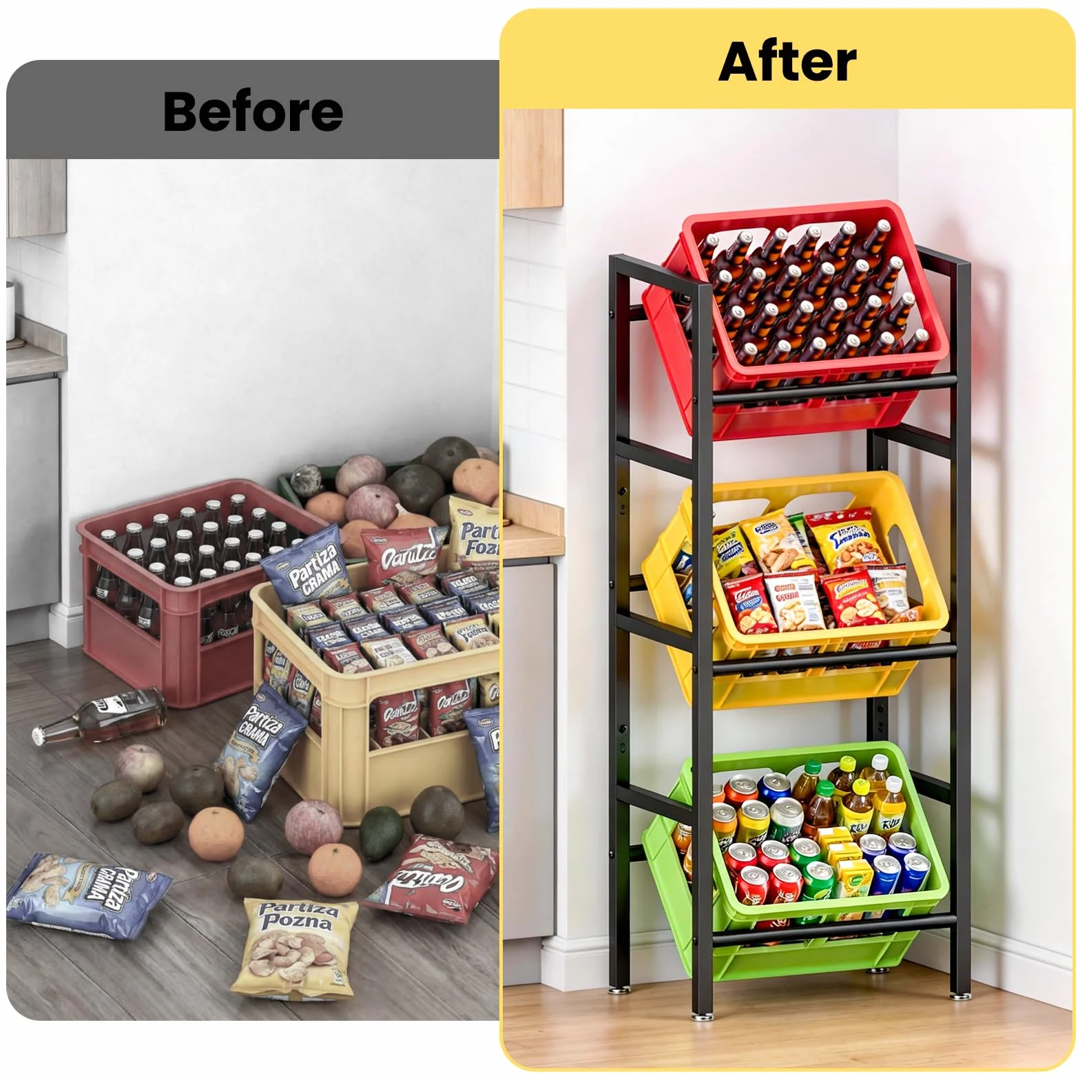 Estante de Cajas para Bebidas 3 Niveles, Estante de Almacenamiento de Botellas de Metal, Capacidad 3 Cajas, Pies Ajustables, Antióxido