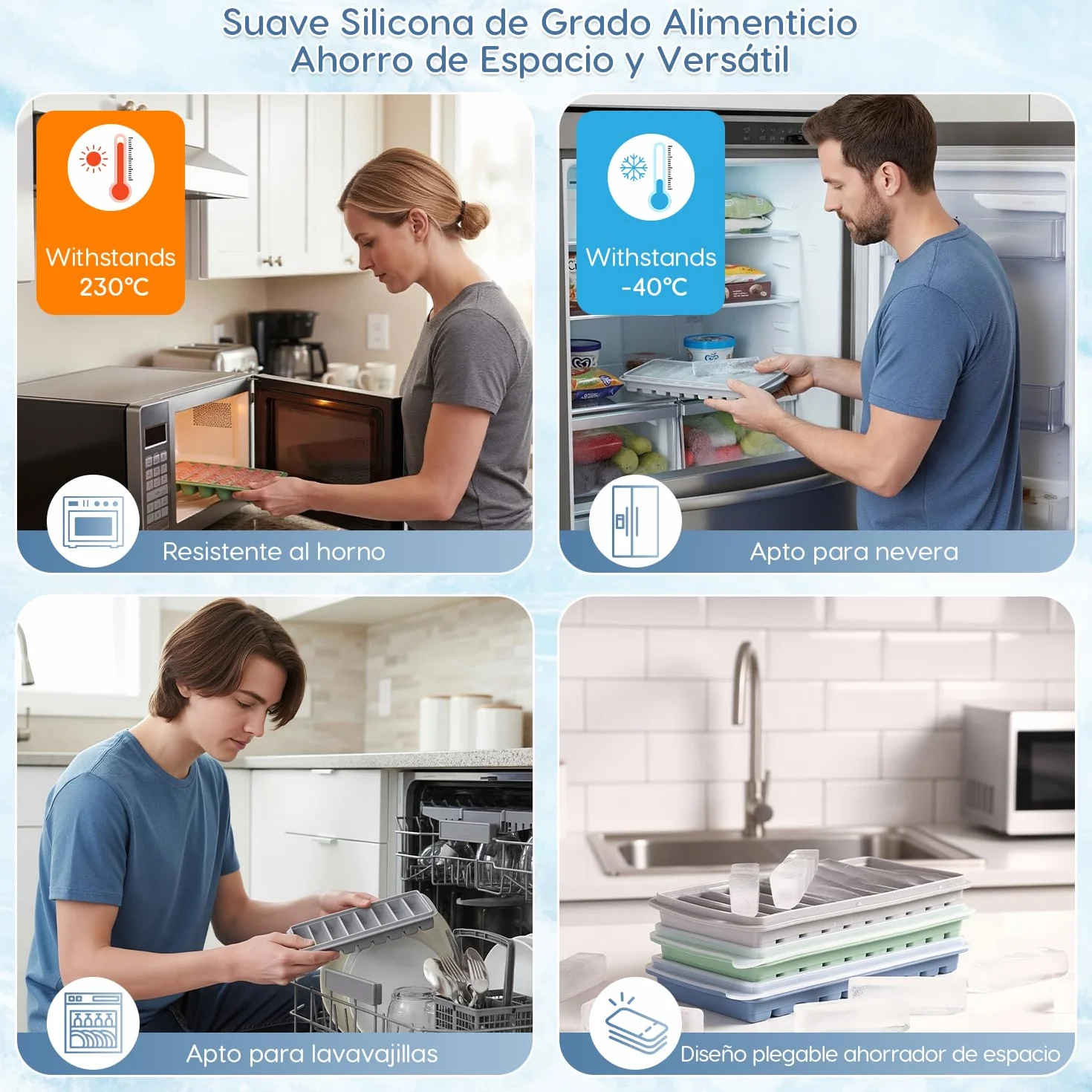 Cubiteras para Hielo con Tapa, Silicona, 30 Palitos Largos, sin BPA