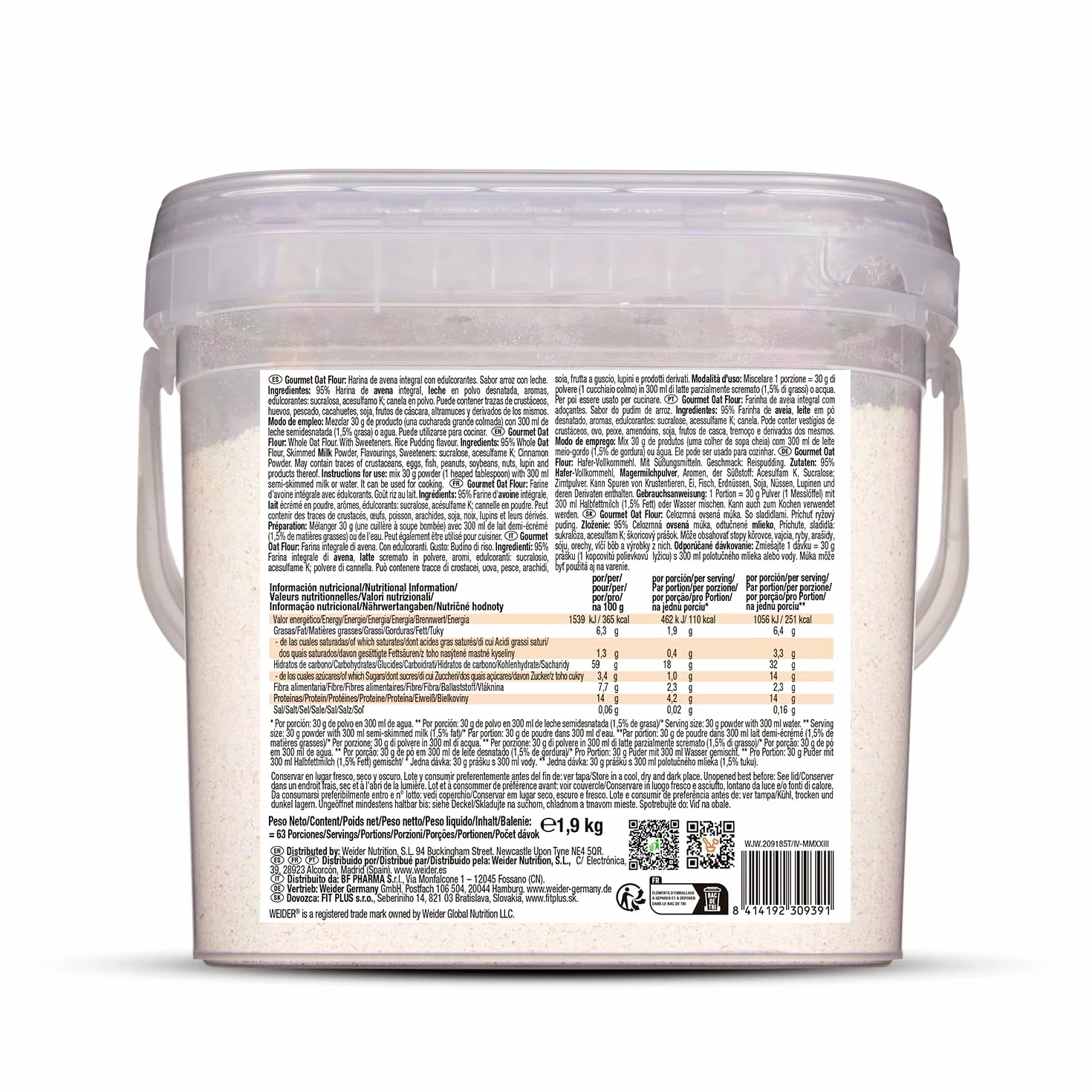 Weider Oat Gourmet Harina de Avena Integral Sabor Arroz con Leche 1,9 kg