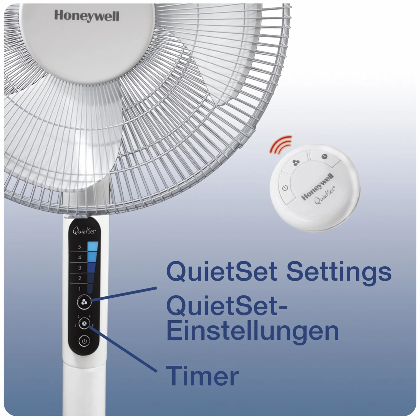 Honeywell Advanced QuietSet Ventilador de Pie Oscilante, 5 Ajustes de Velocidad, Función de Temporizador, Oscilación de 70°, Altura Regulable, Mando a Distancia, Fácil de Usar, HSF600W