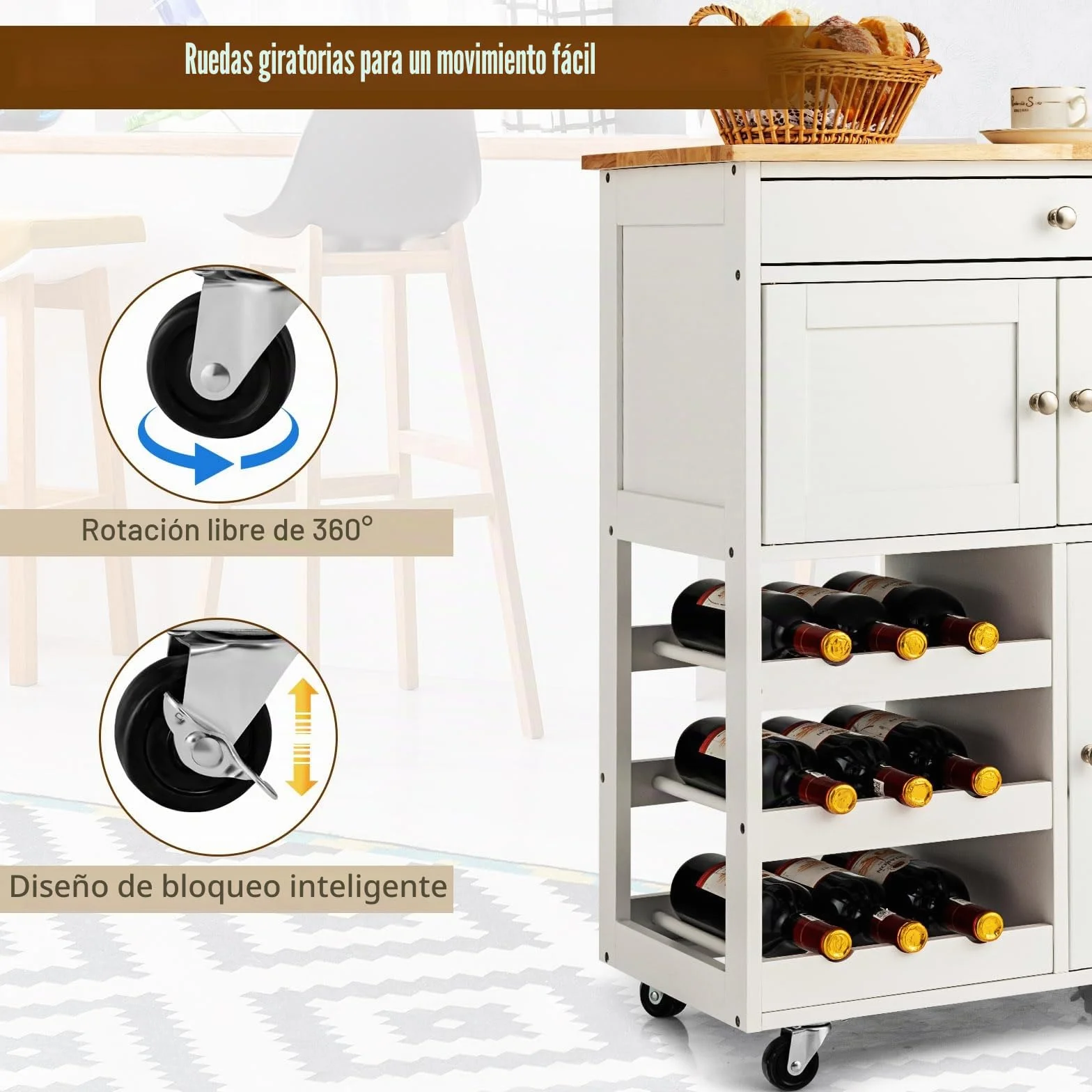 KOMFOTTEU Carro de Cocina de Madera, Carrito de Servicio con Ruedas, Mueble Isla Móvil con Cajón, Botellero de 3 Niveles y 2 Armarios, para Comedor, Bar, Restaurante, 67 x 37 x 86 cm (Blanco)