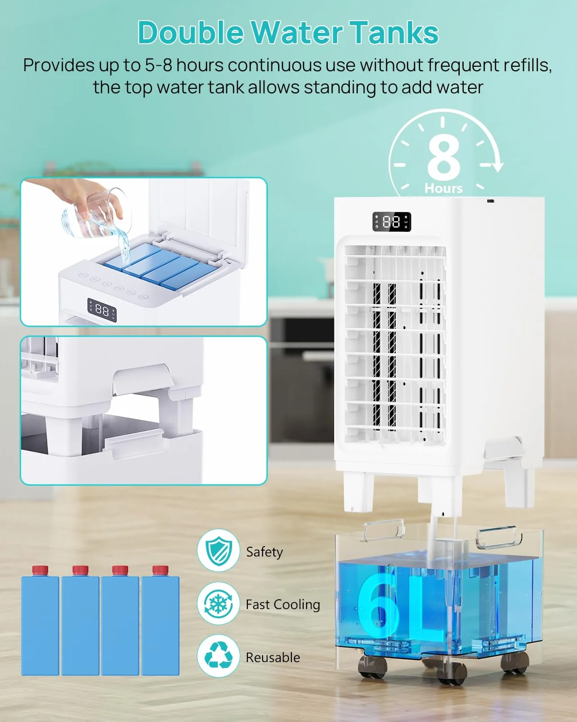 Aire Acondicionado Portátil 4 en 1, Enfriador de Aire 6L Tanque, 3 Modos, 3 Velocidades, 60° Oscilación, Temporizador 1-12 H, Control Remoto