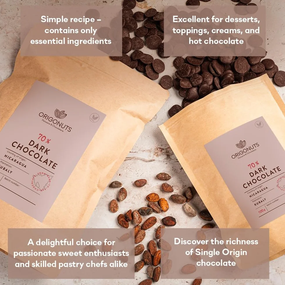 ORIGONUTS Pepitas de chocolate 70% chocolate negro Nicaragua 1kg para fundir